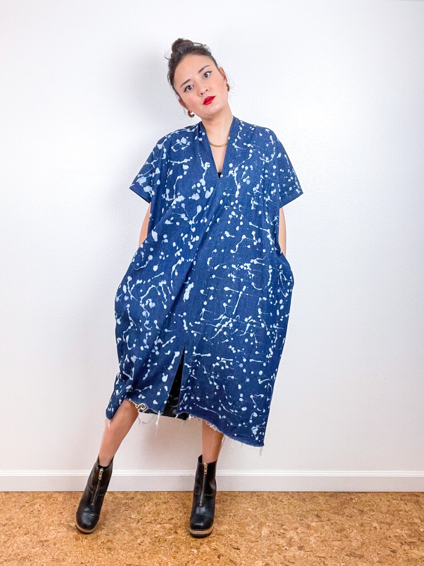 Denim Smock Dress Midi Bleach Speckles