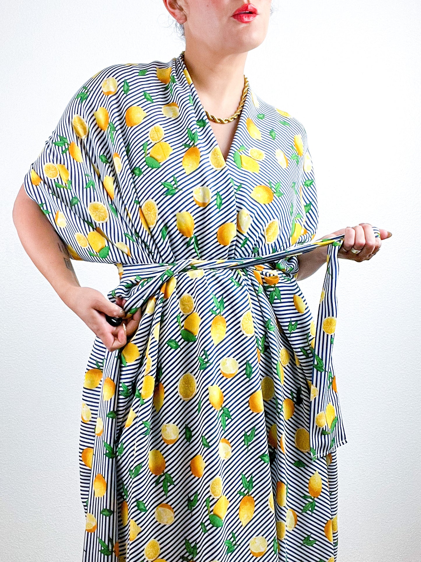 High Low Kimono Lemon Stripes Rayon Challis