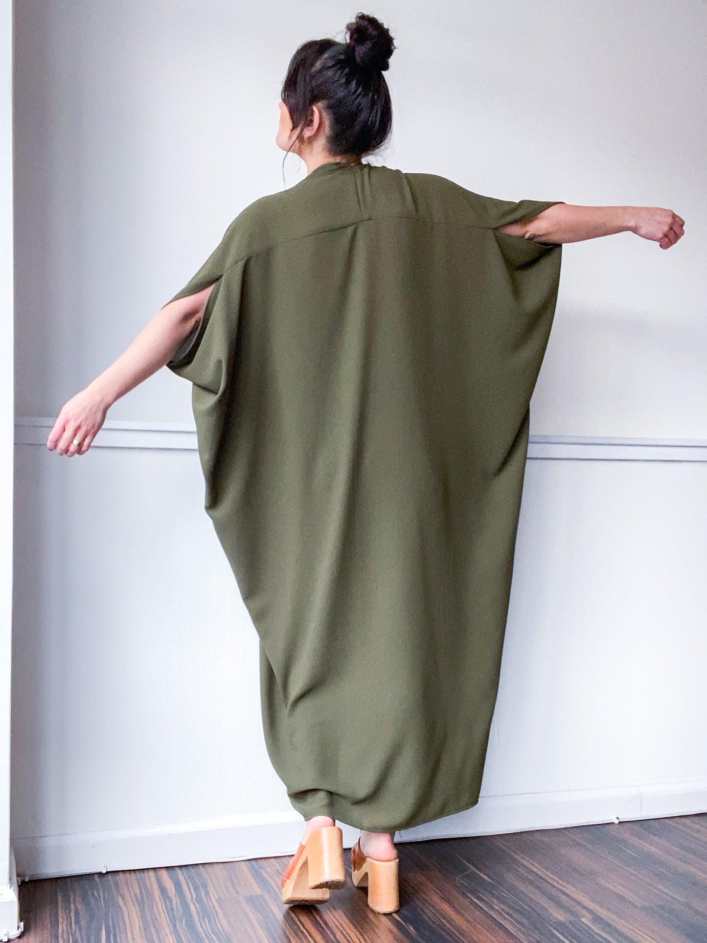 Solid High Low Kimono Olive Bubble Crepe