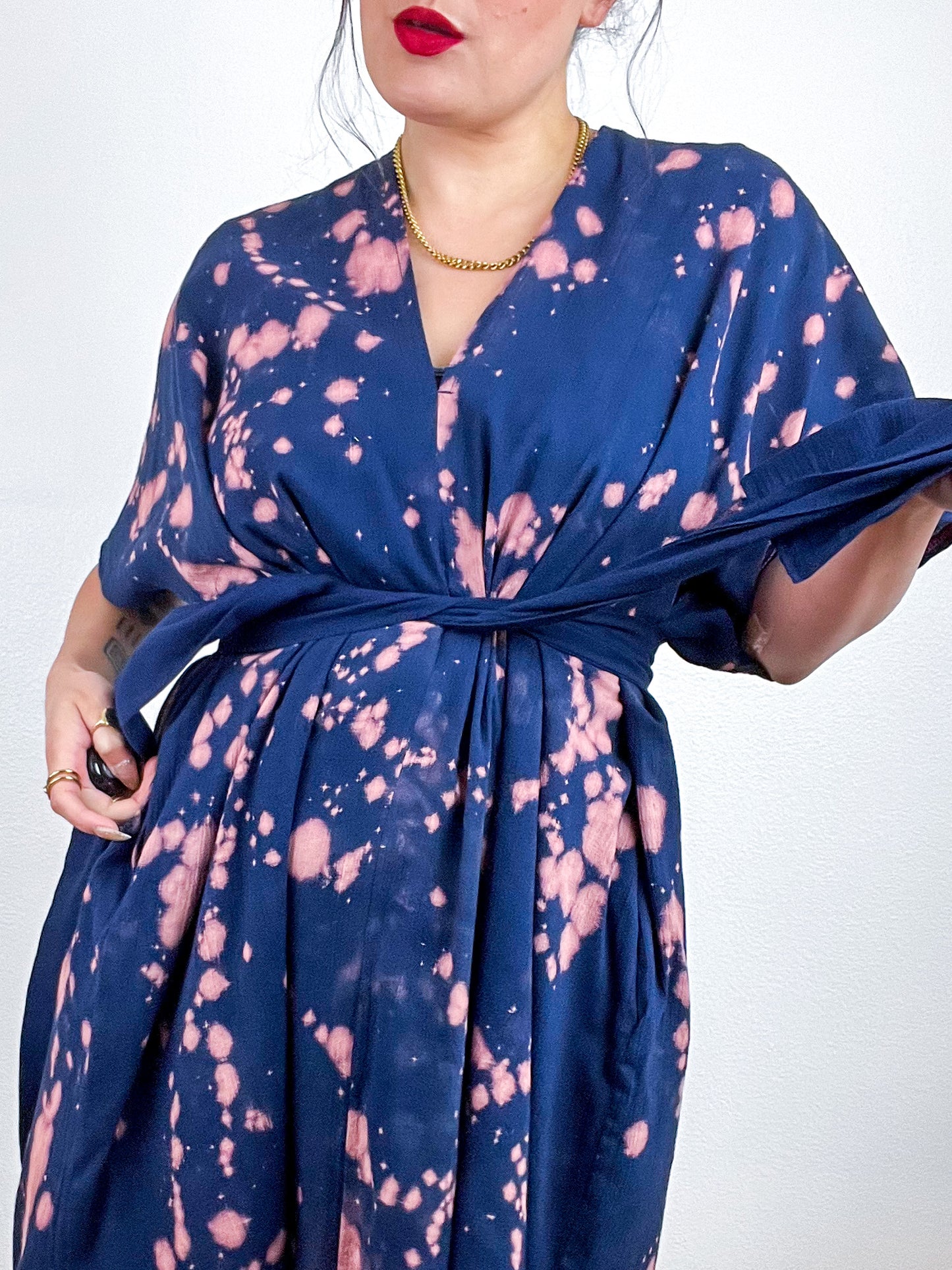 Single Gauze Midi Caftan Dress Navy Peach Speckle