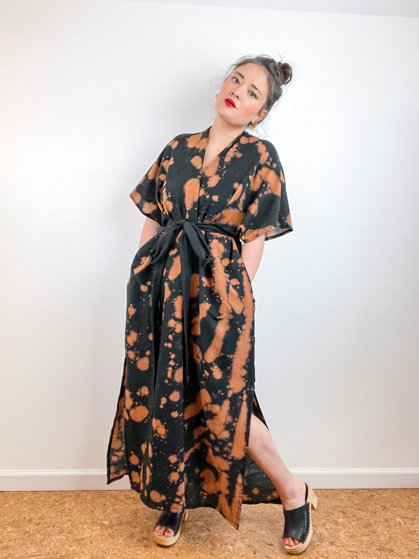 Single Gauze Duster Kimono Black Rust Speckle