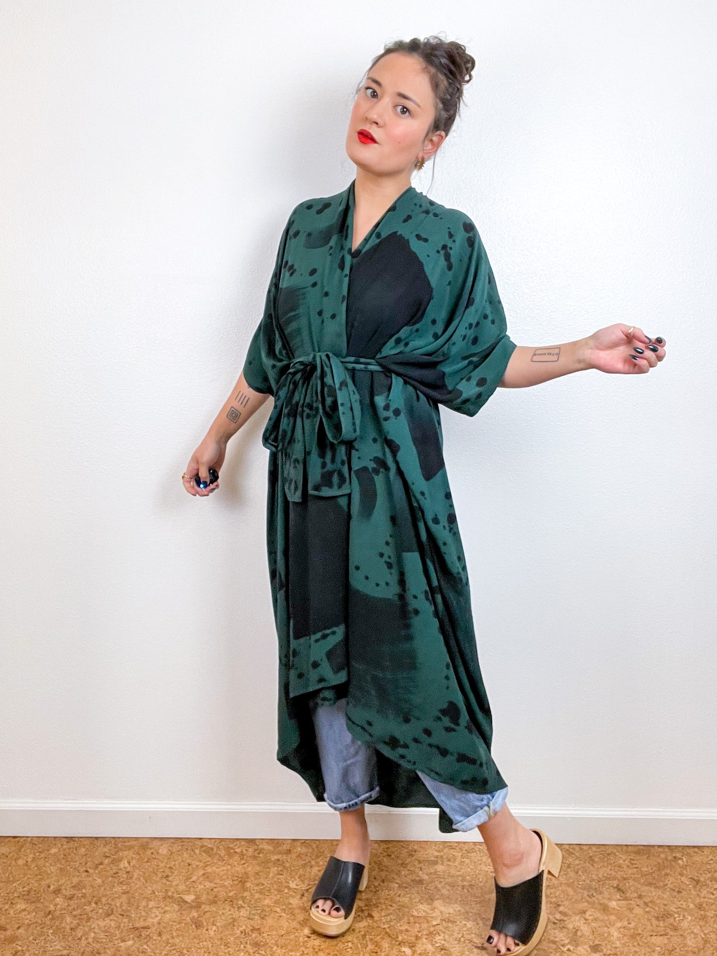 Hand-Dyed High Low Kimono Emerald Black Confetti