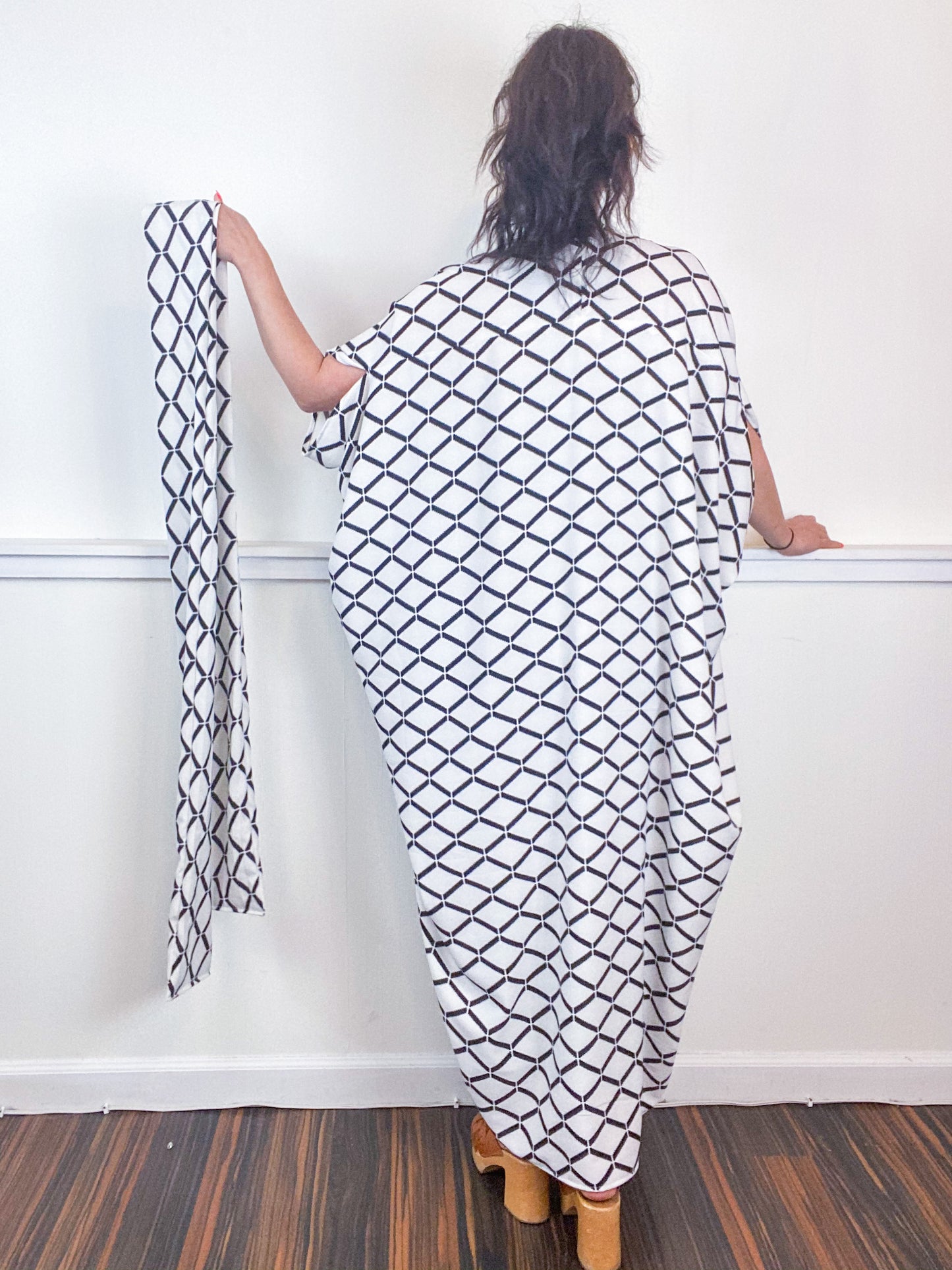 Print High Low Kimono Lattice Crepe