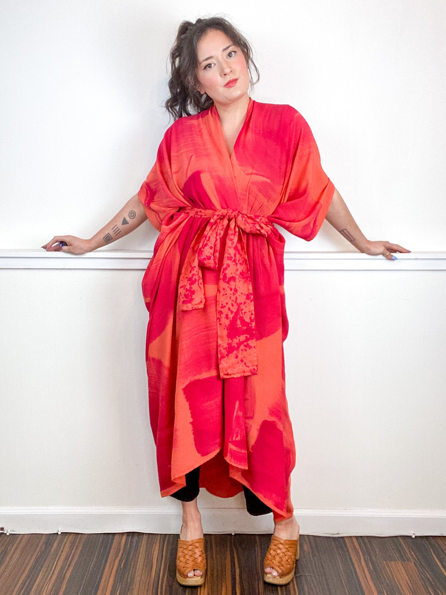 Hand-Dyed High Low Kimono Coral Fuchsia Brushstroke