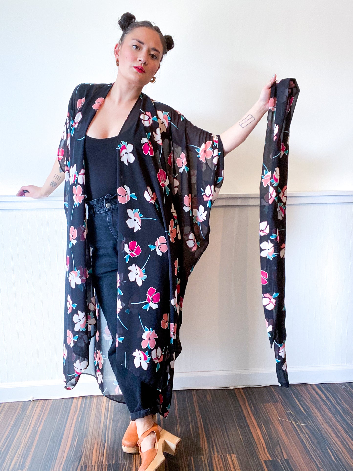 Print High Low Kimono Black Black Pink Floral Chiffon