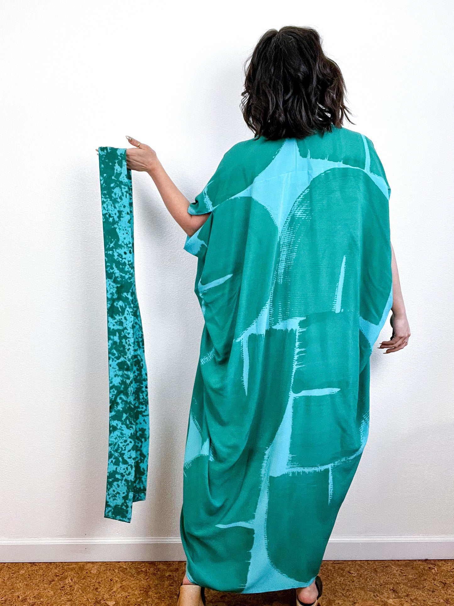 Hand-Dyed High Low Kimono Turquoise Teal Brushstroke
