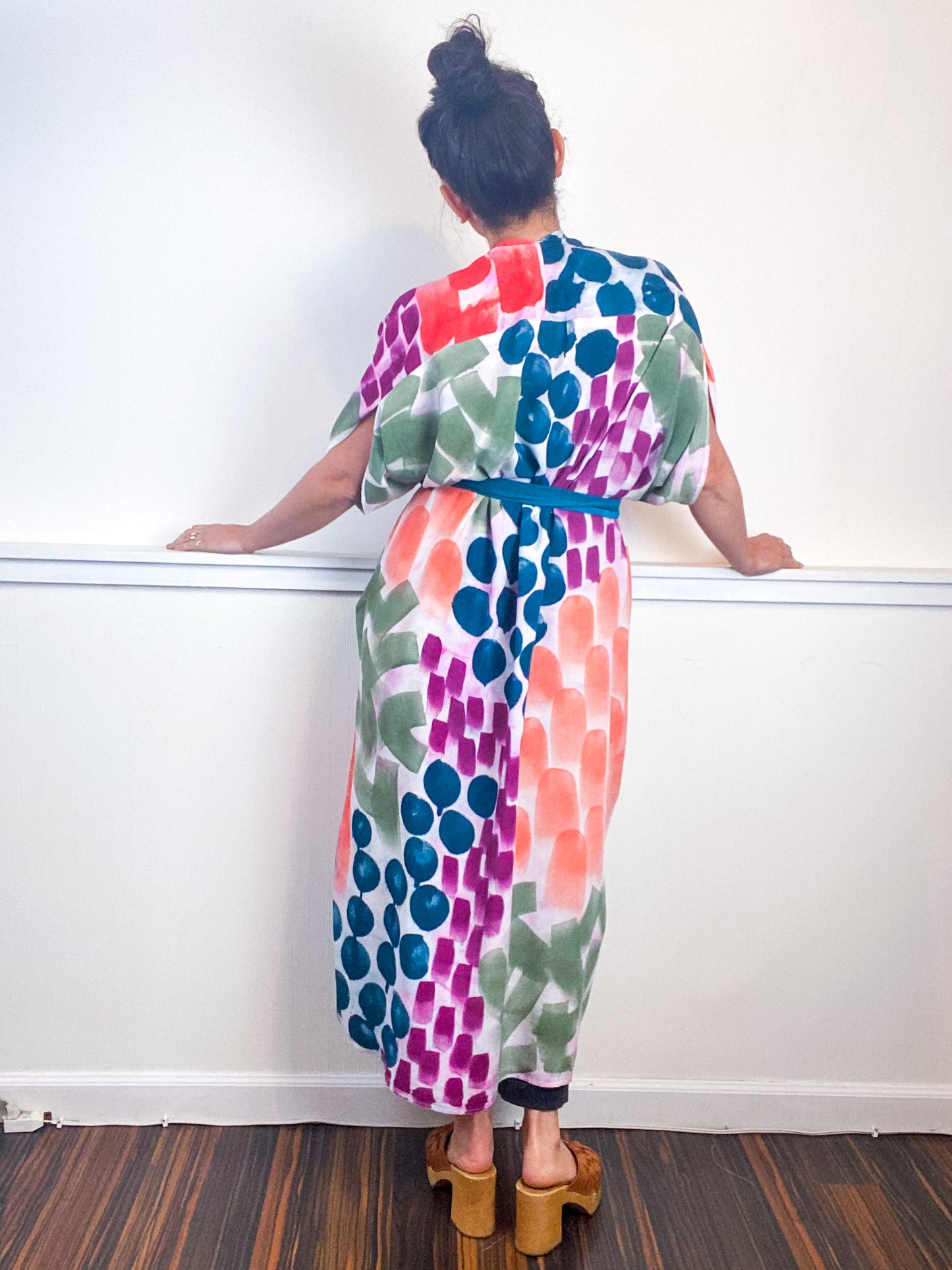 OOAK Hand-Dyed High Low Kimono Amethyst Coral Teal Sage