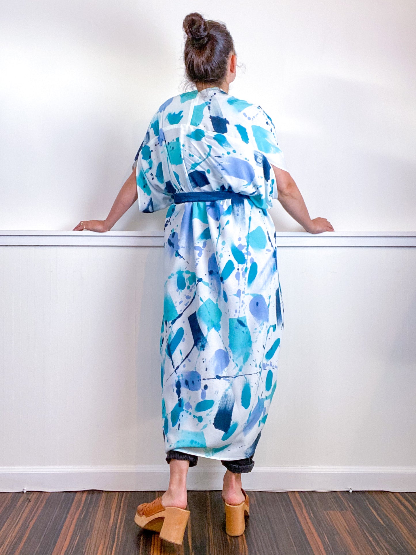 OOAK Hand-Dyed High Low Kimono Teal Parakeet Baby Blue Aqua Gesture