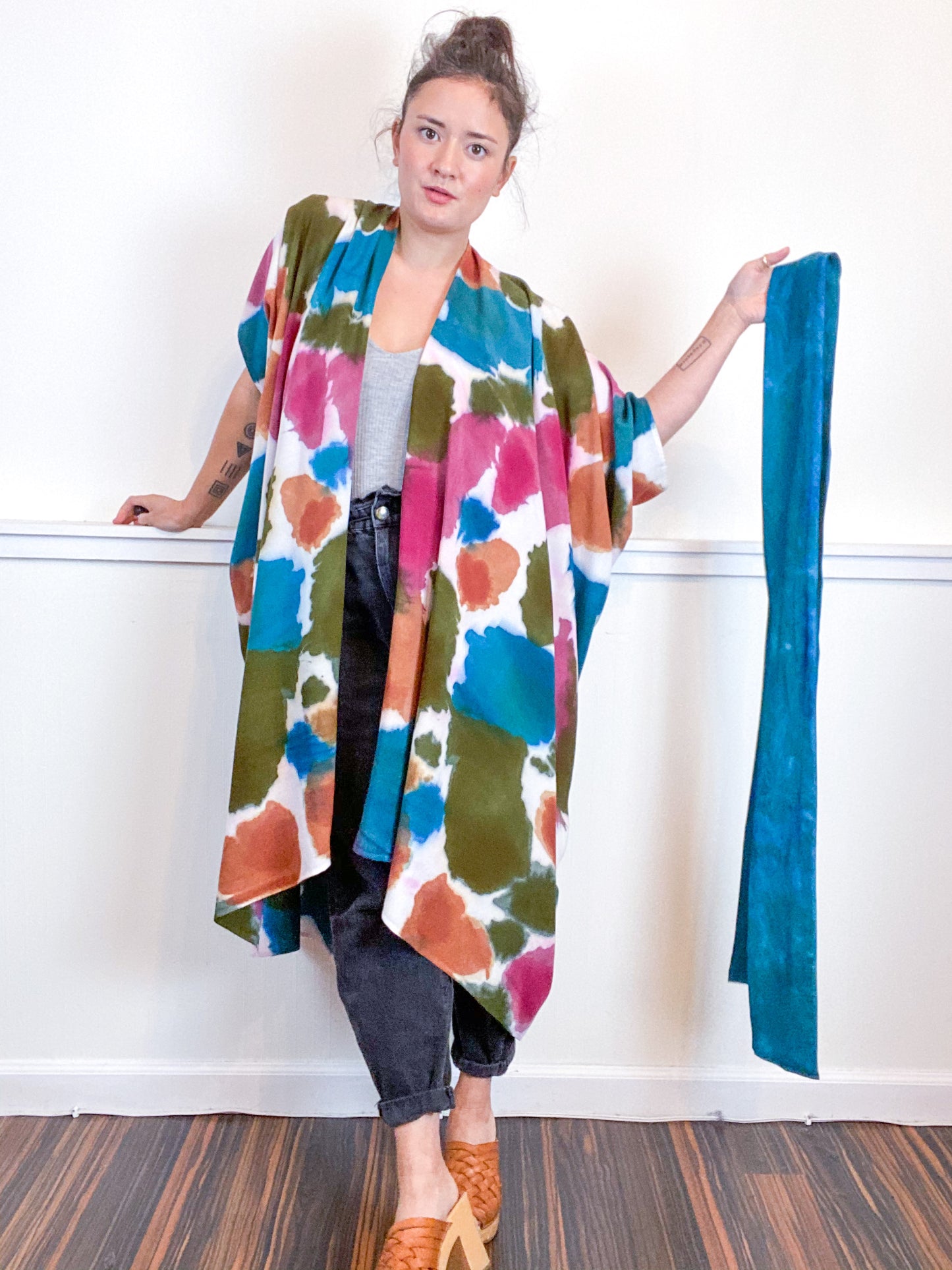OOAK Hand-Dyed High Low Kimono Teal Terracotta Maroon Moss Inkblot