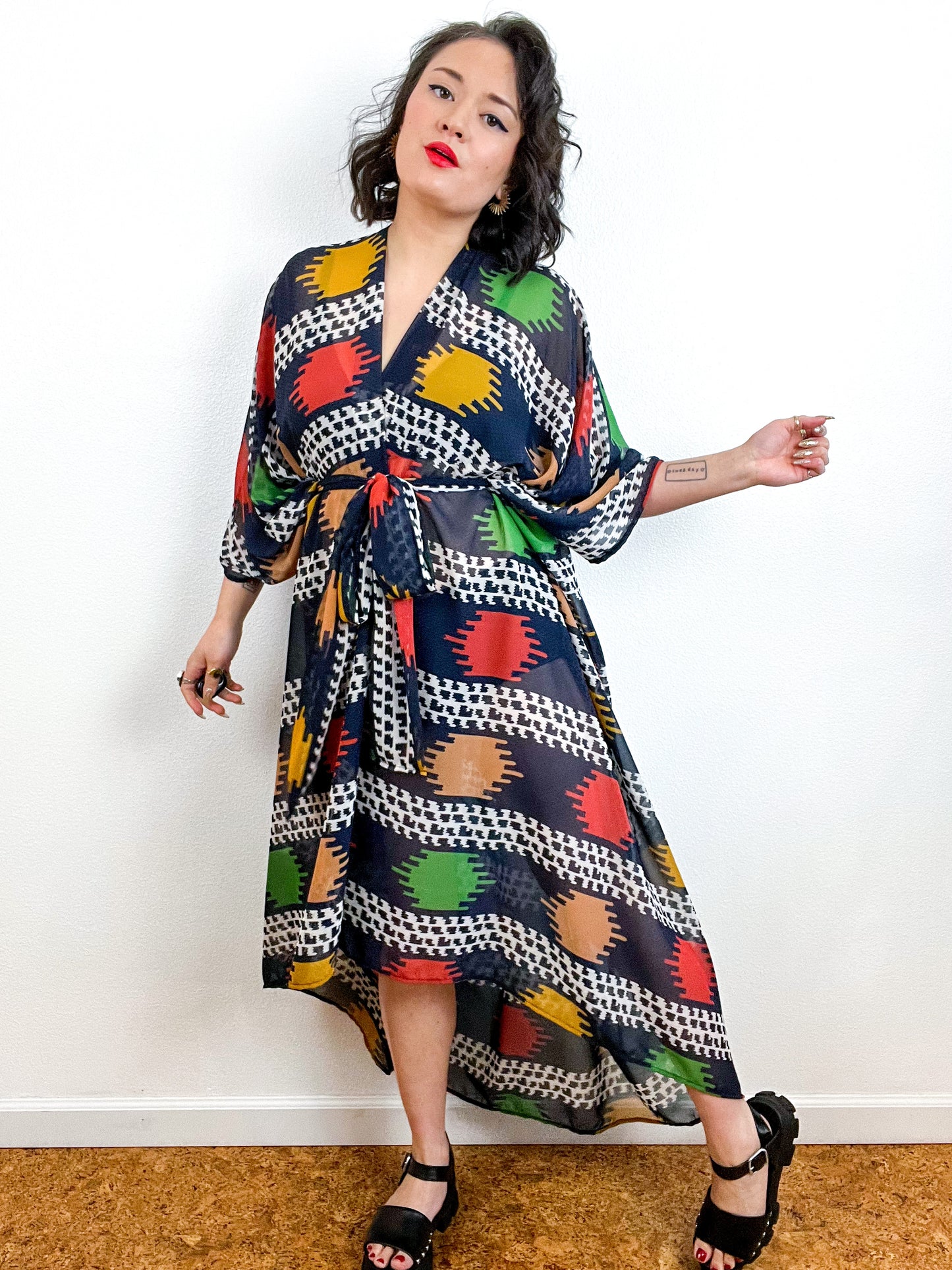 Print High Low Kimono Navy Graphic Print Chiffon