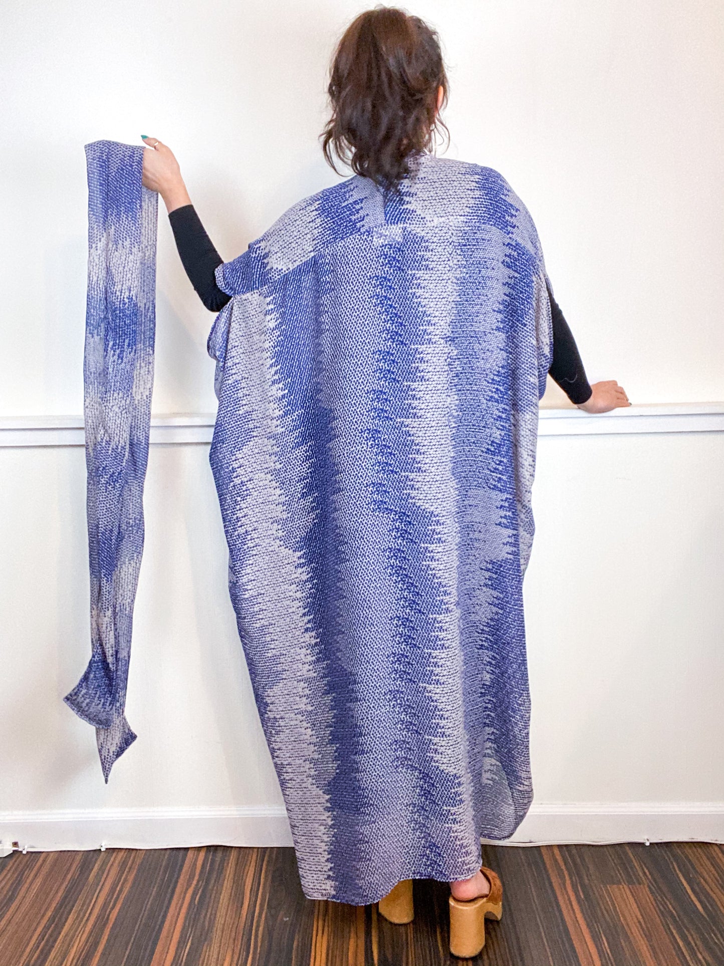 Print High Low Kimono Indigo Static Chiffon