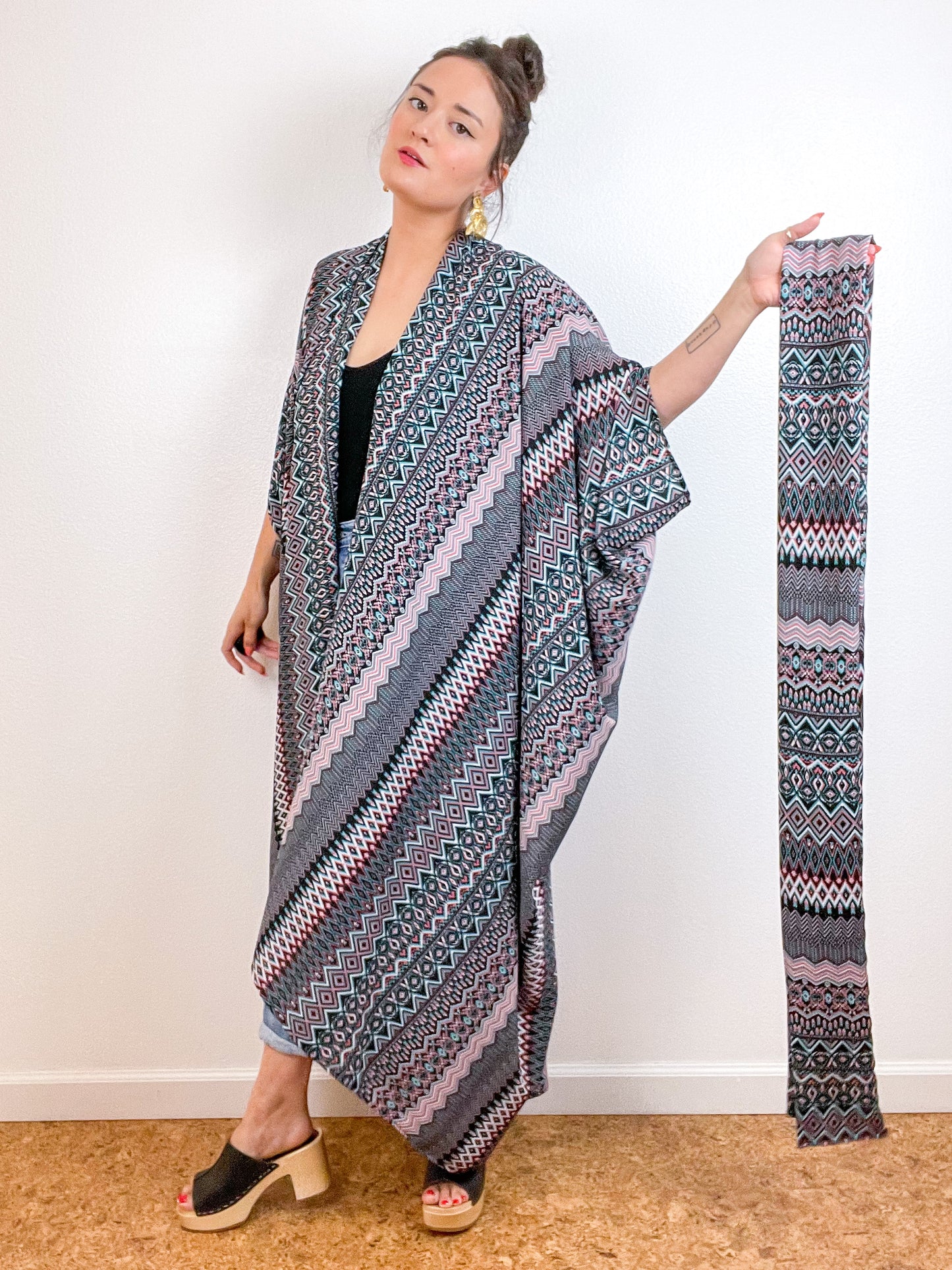 Print High Low Kimono Peach Black Ziggy Crepe