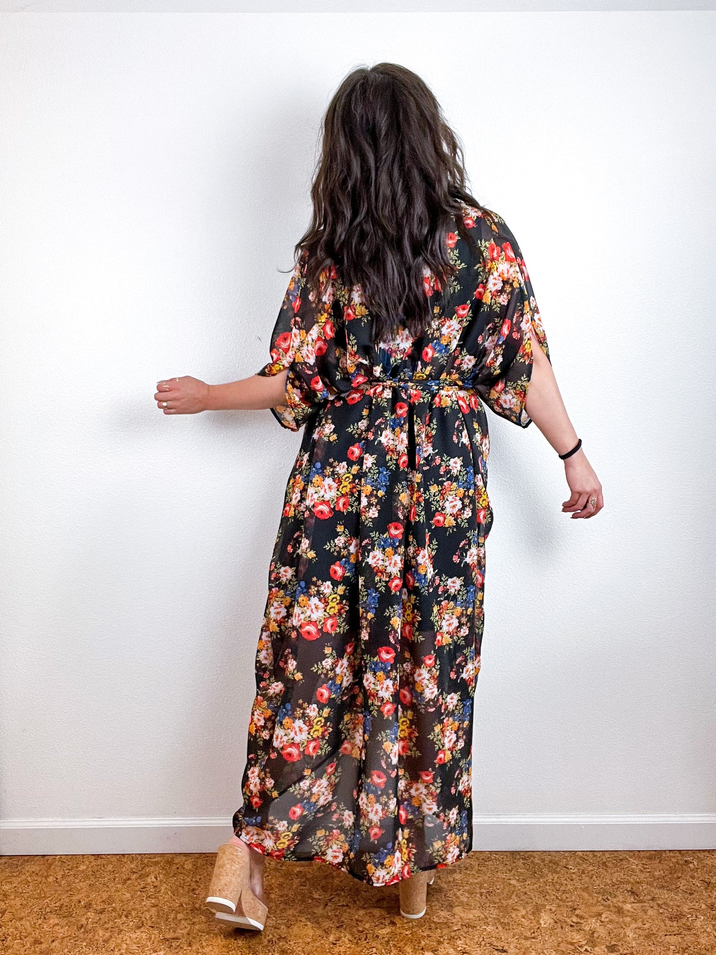 Print High Low Kimono Black Mini Bouquet Floral Chiffon