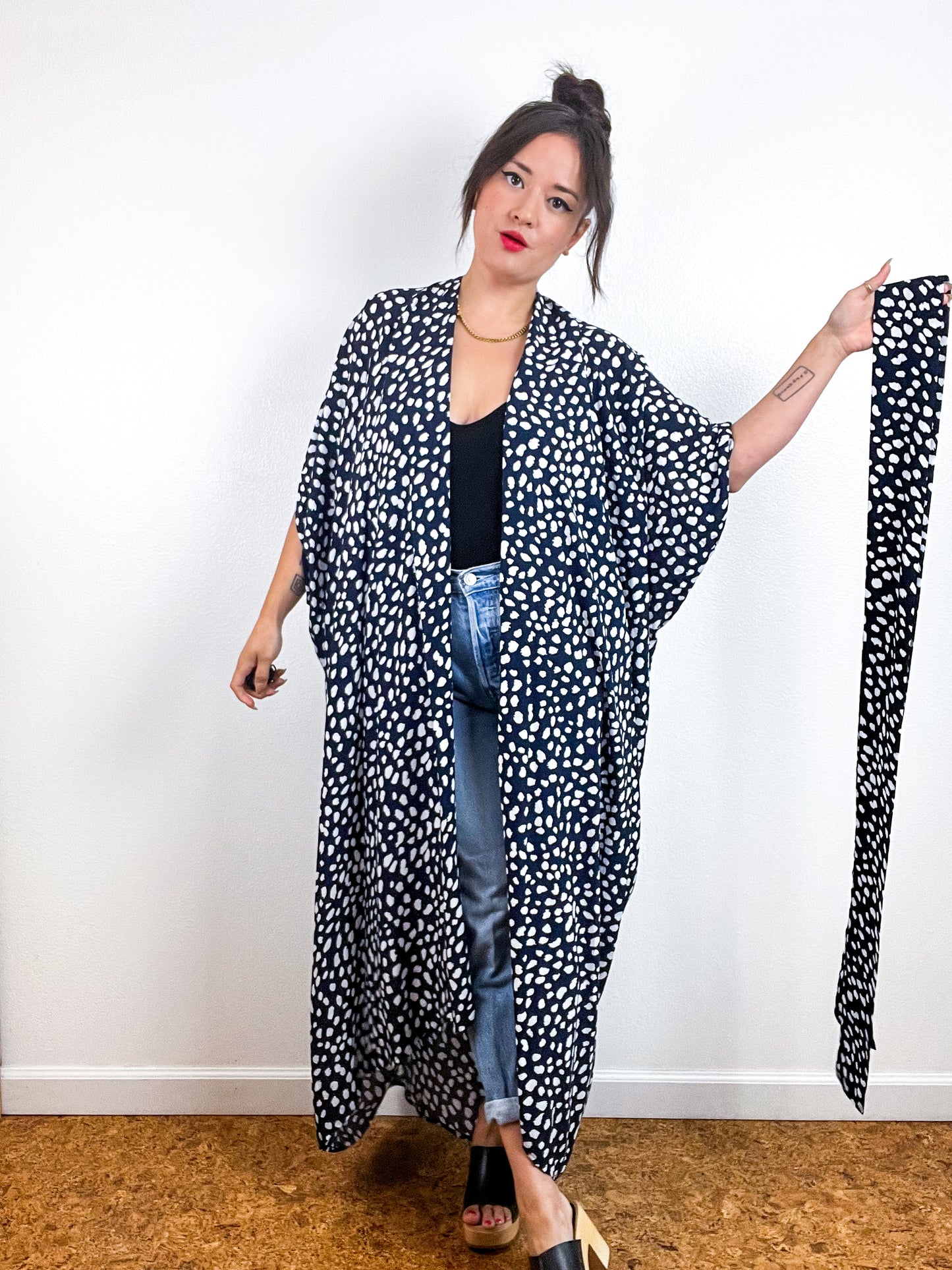 Print High Low Kimono Navy White Specks Challis