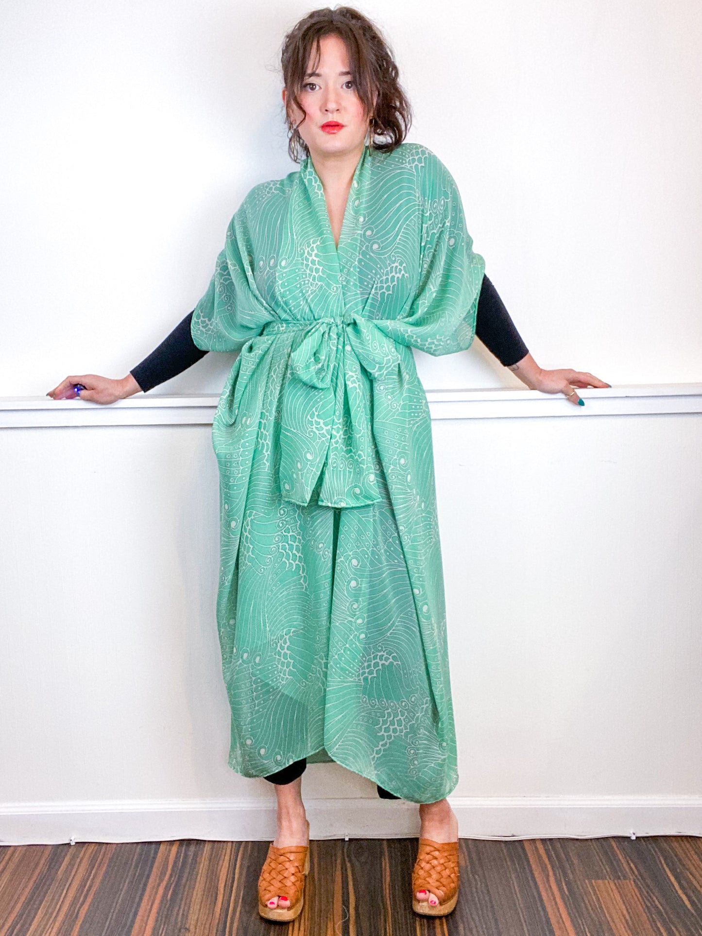 Print High Low Kimono Mint Swirl Chiffon