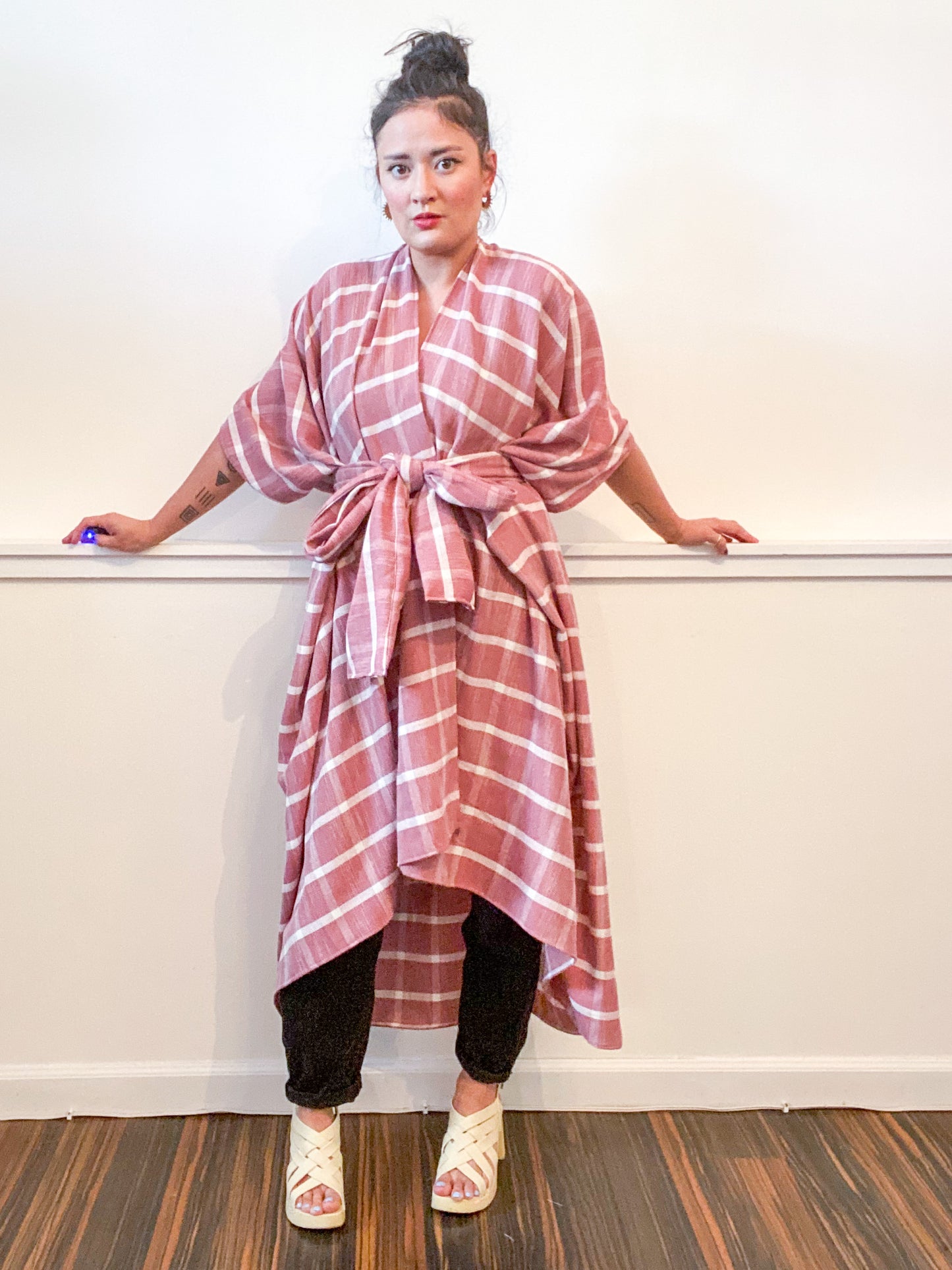 Print High Low Kimono Clay Plaid Rayon Woven