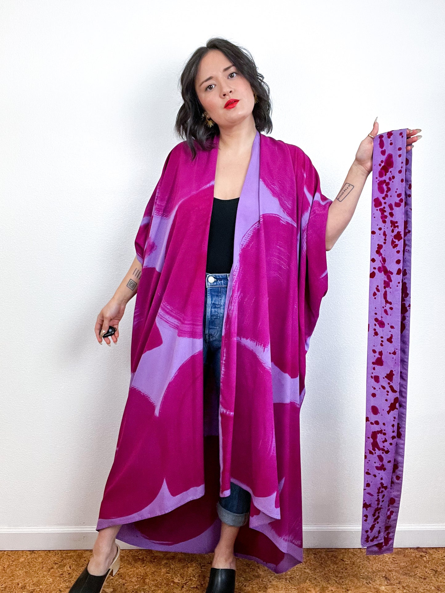 Hand-Dyed High Low Kimono Lilac Fuchsia Brushstroke