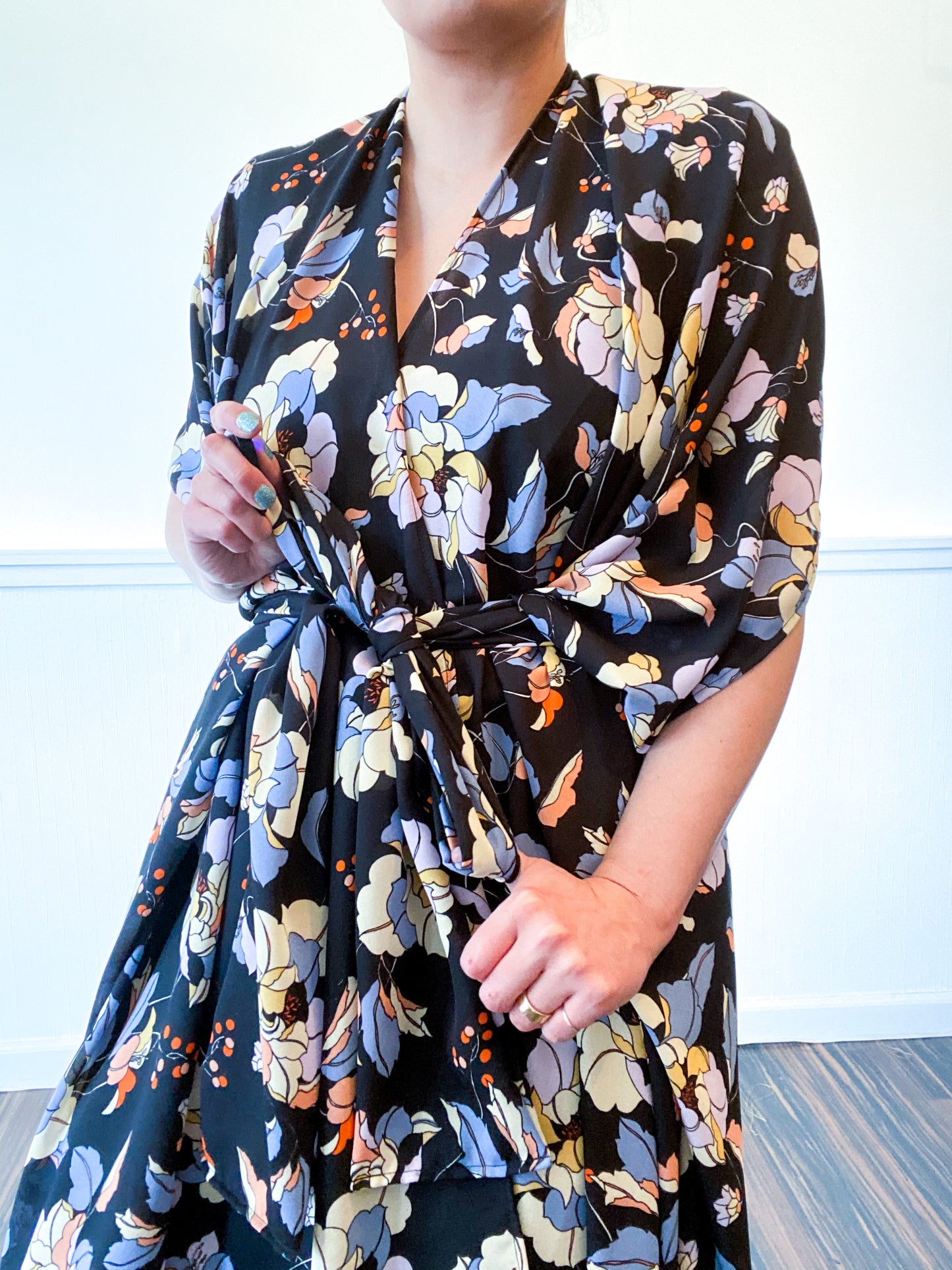 Print High Low Kimono Black Floral Georgette