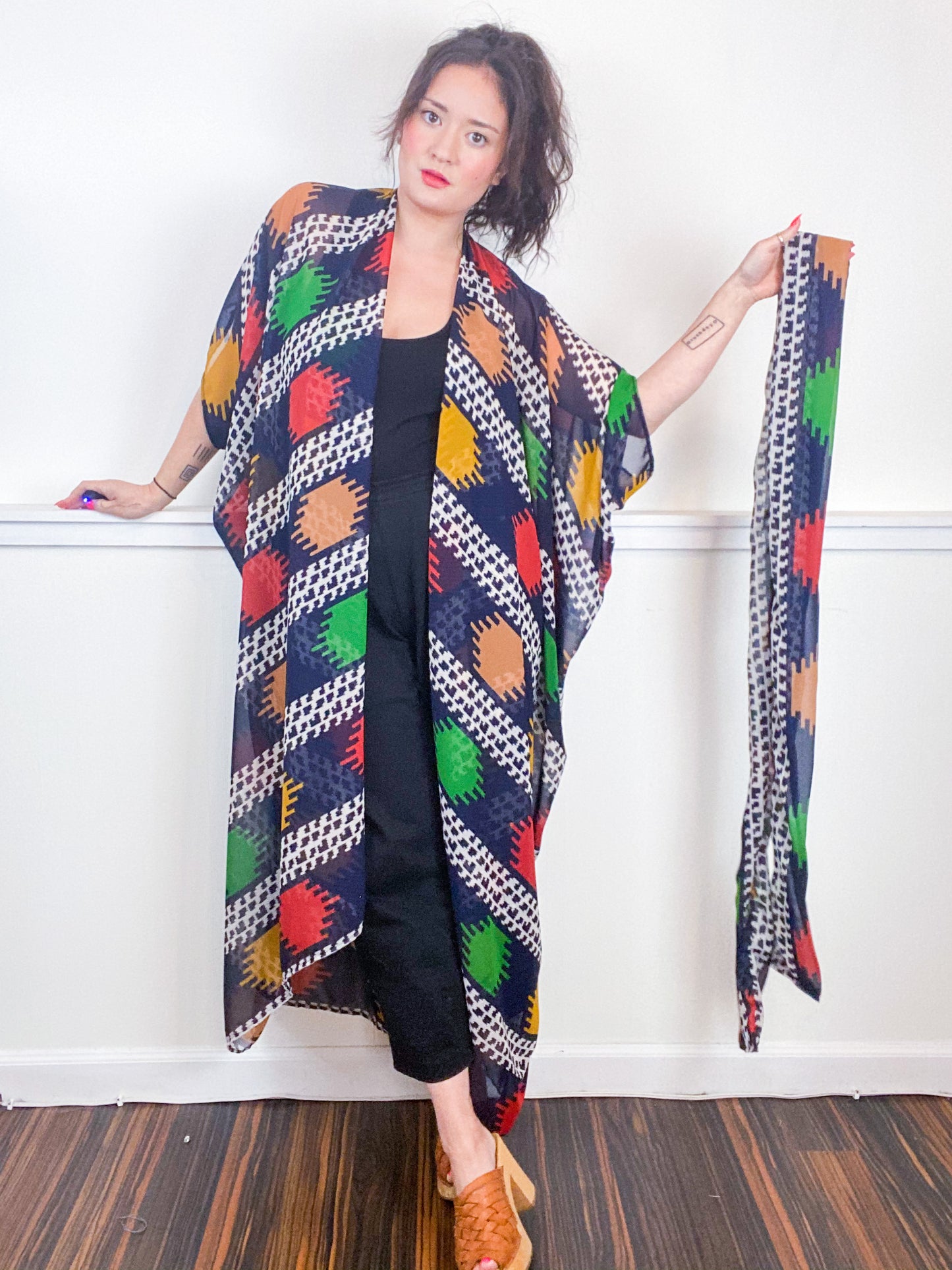 Print High Low Kimono Navy Southwest Chiffon