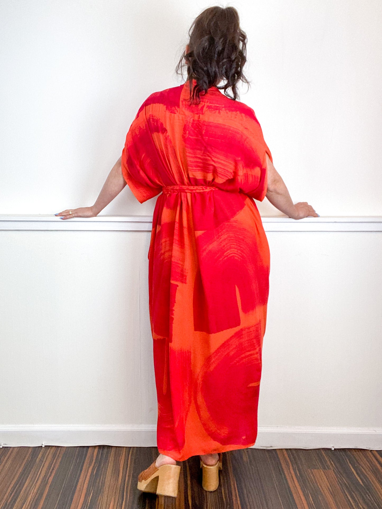 Hand-Dyed High Low Kimono Tangerine Fuchsia Brushstroke