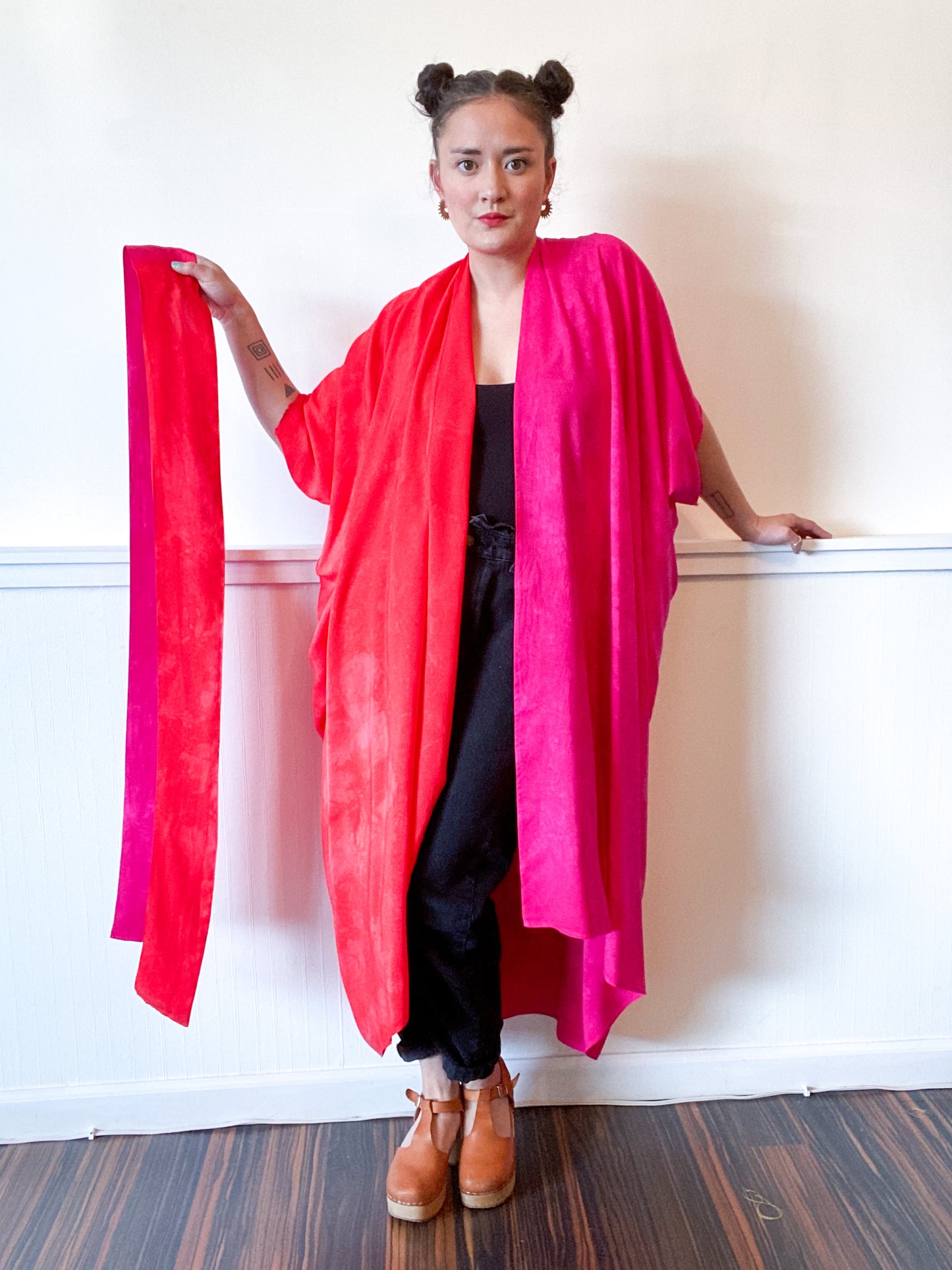 Hand-Dyed High Low Kimono Two Tone Fuchsia Scarlet