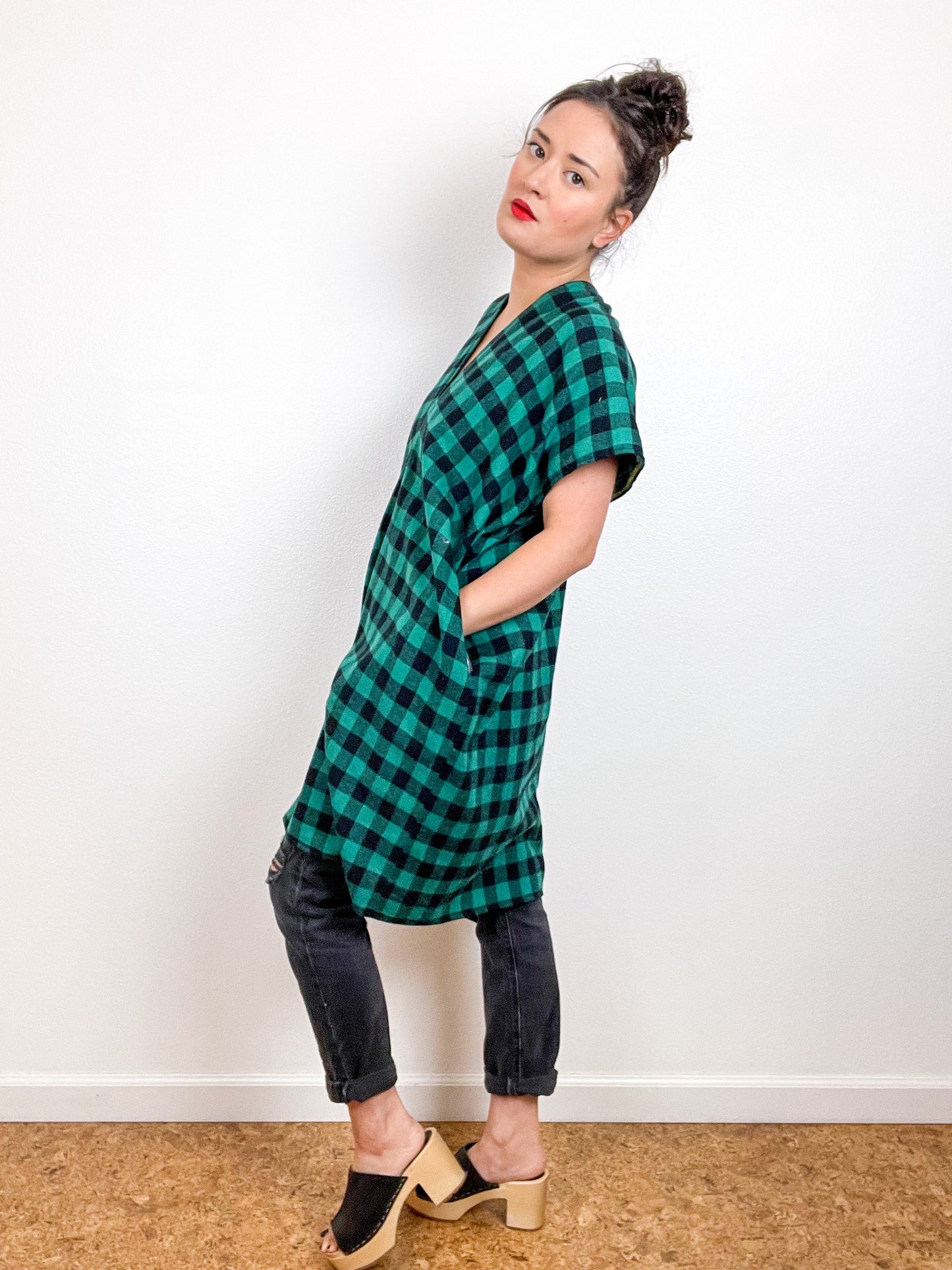 Plaid Flannel Smock Dress Green Black Buffalo
