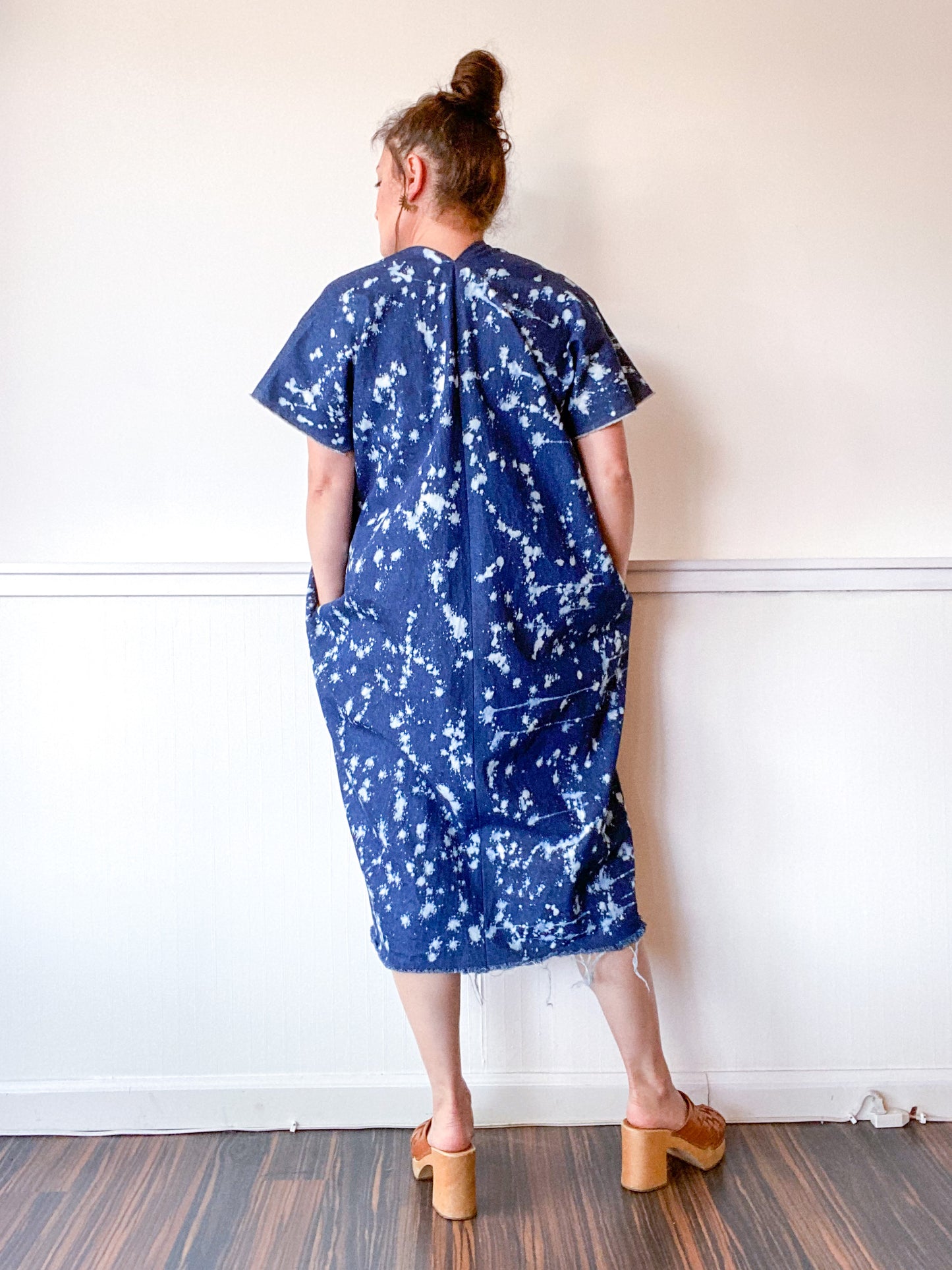 Denim Midi Smock Dress Bleach Speckle