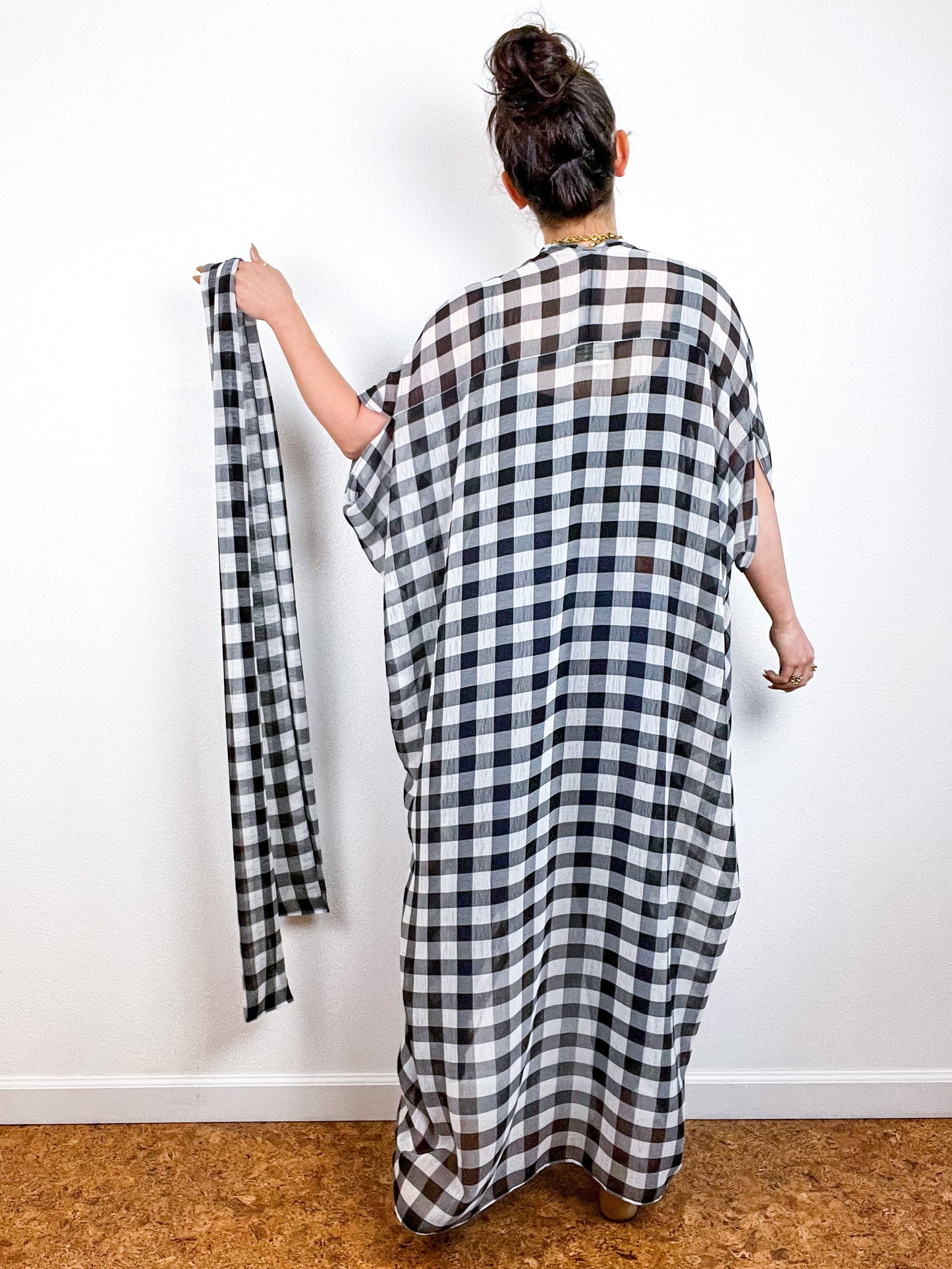 Print High Low Kimono Black White Buffalo Crinkle Chiffon