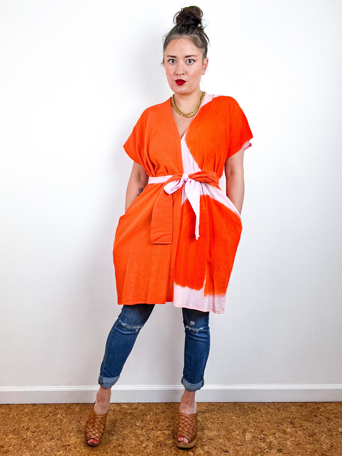 Single Gauze Mini Caftan Dress Blush Tangerine Brushstrokes