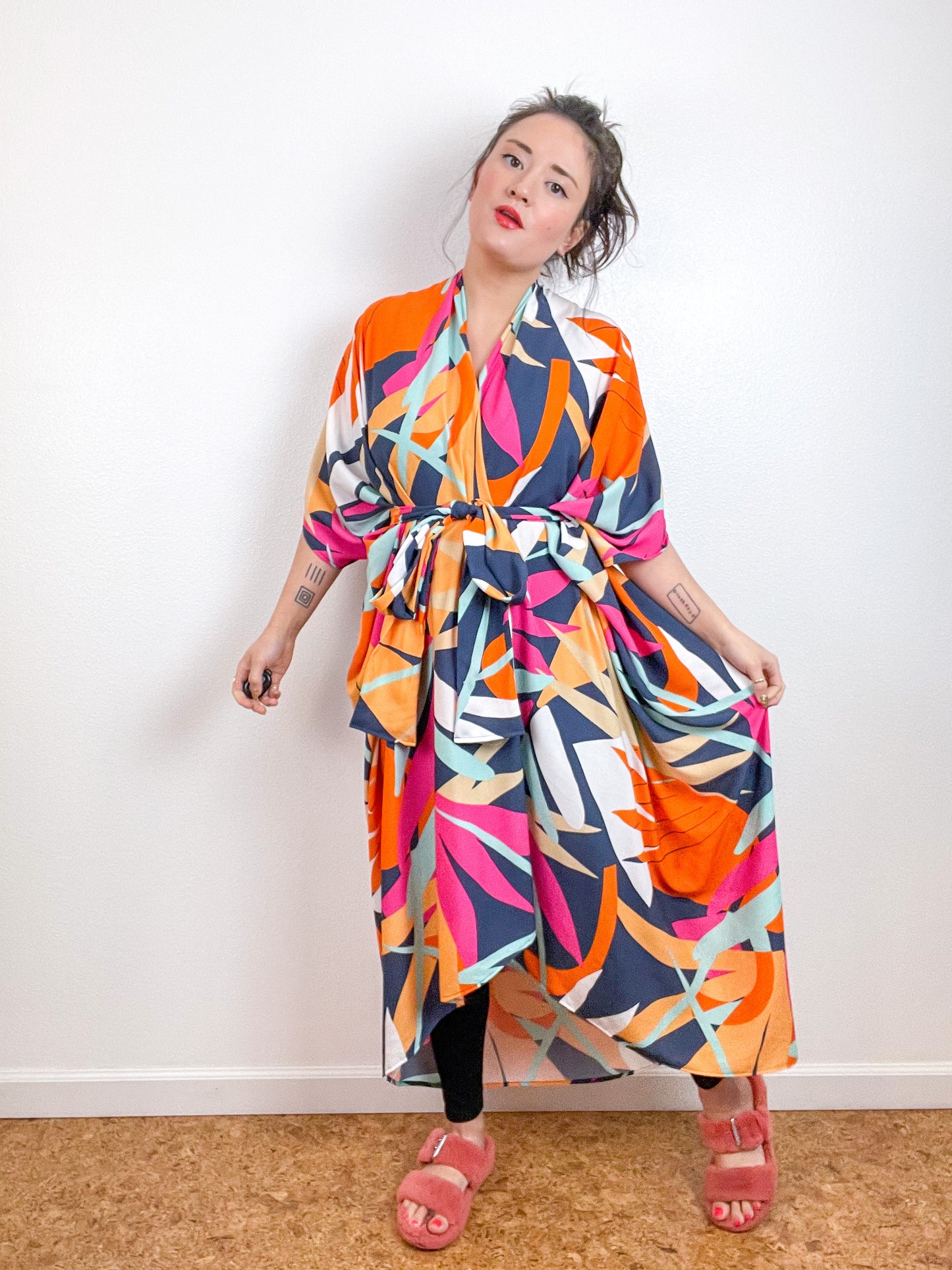 High Low Kimono Multicolor Palms Rayon Challis