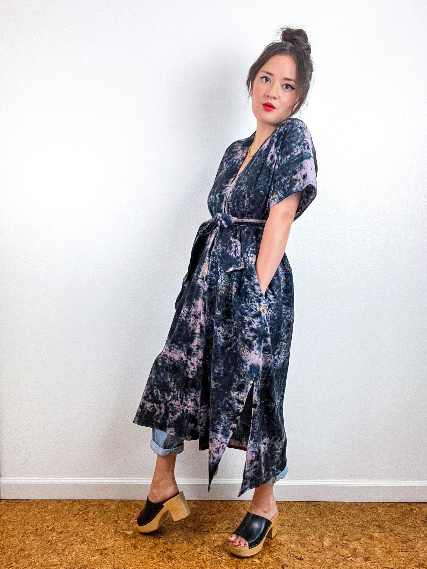 Single Gauze Midi Caftan Dress Deconstructed Black