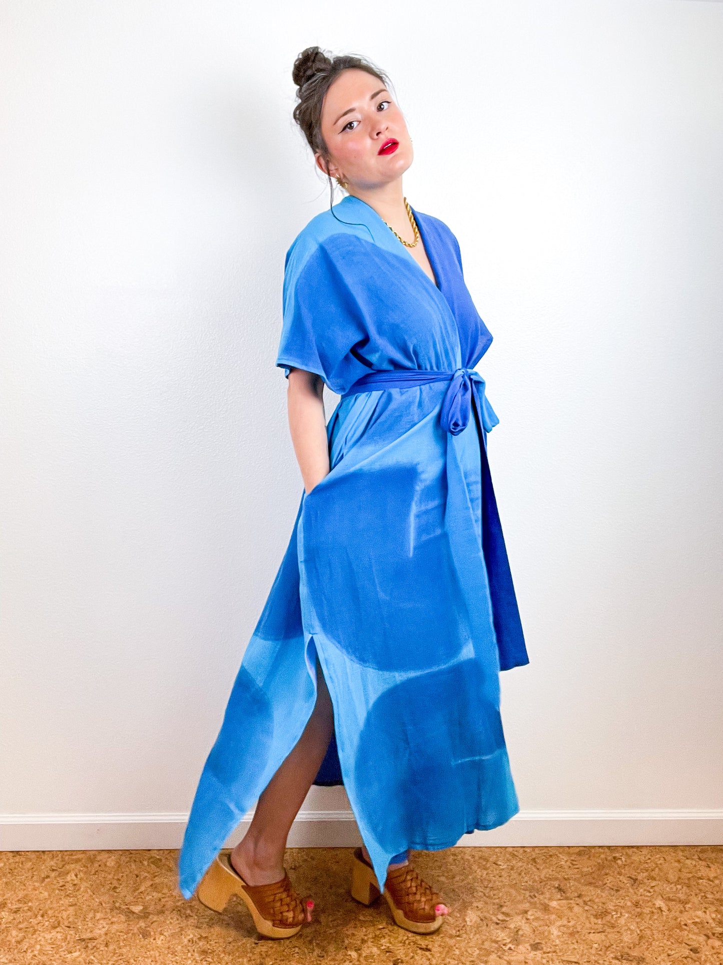 Single Gauze Duster Kimono Royal Turquoise Brushstrokes