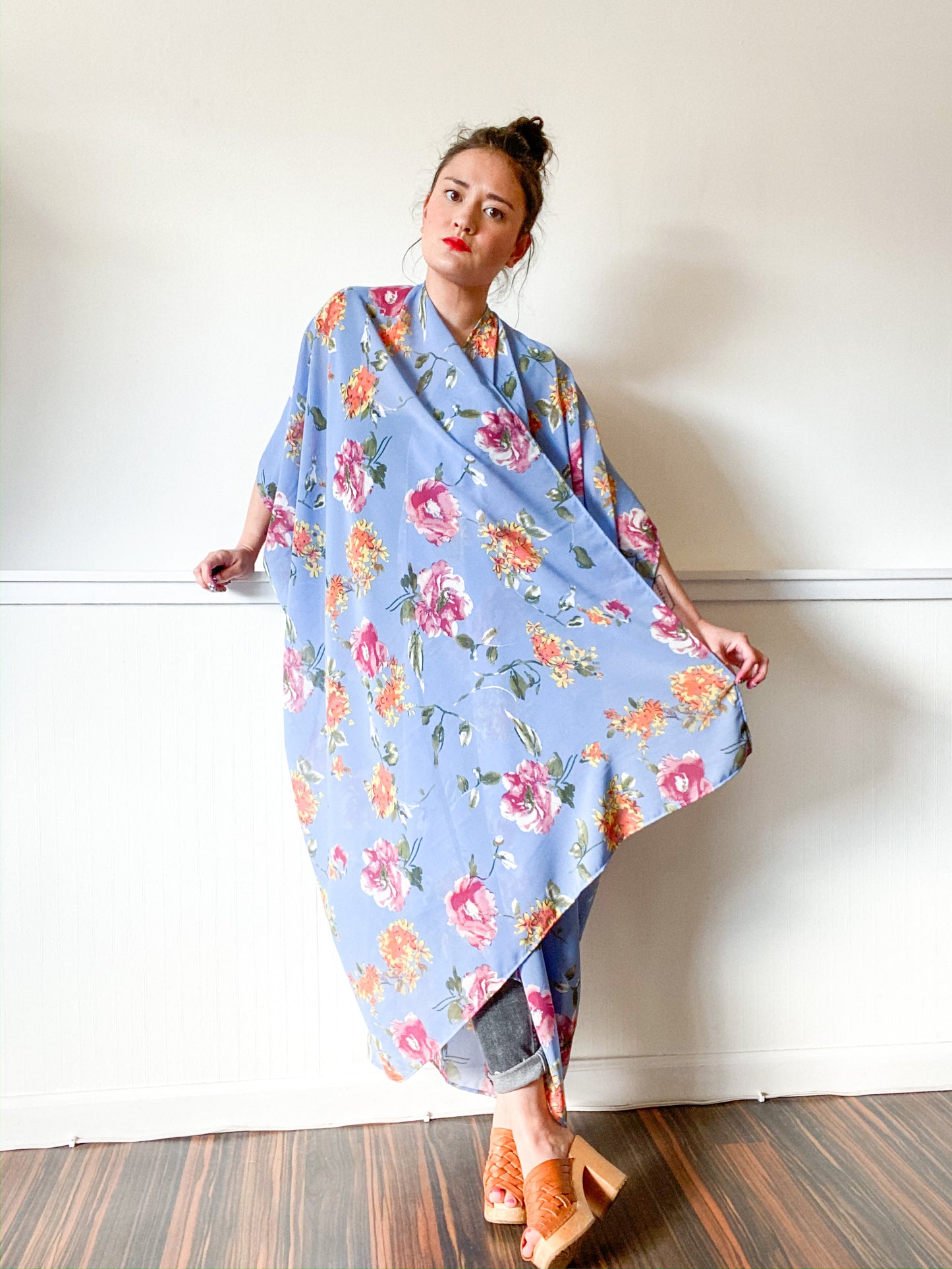 Print High Low Kimono Powder Blue Roses Chiffon