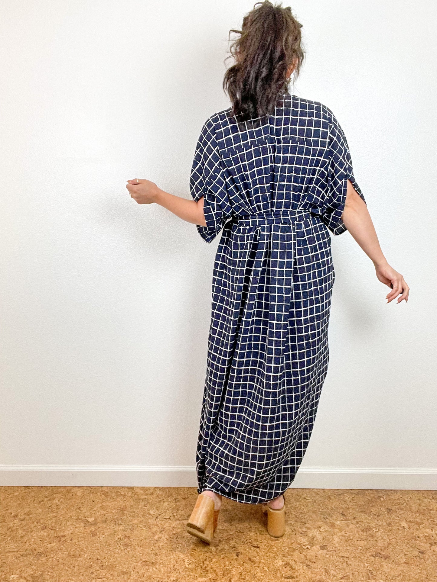 Print High Low Kimono Navy Windowpane Bubble Crepe