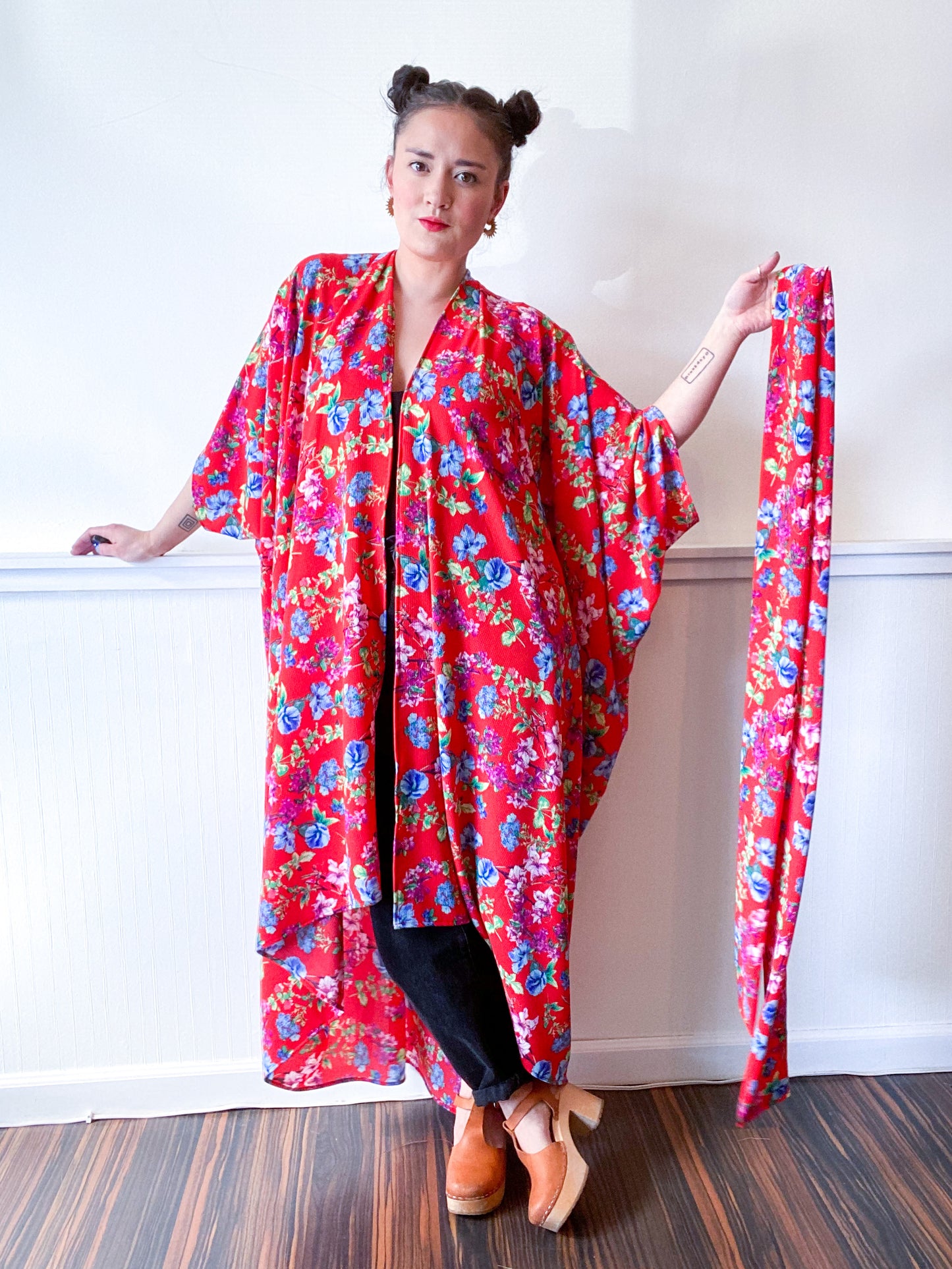Print High Low Kimono Red Floral Bubble Crepe