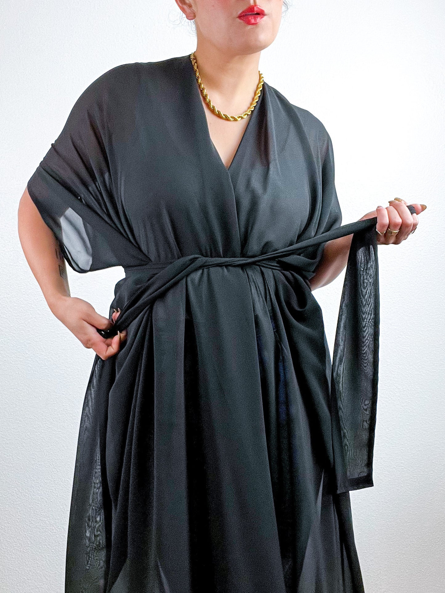 Solid High Low Kimono Black Chiffon