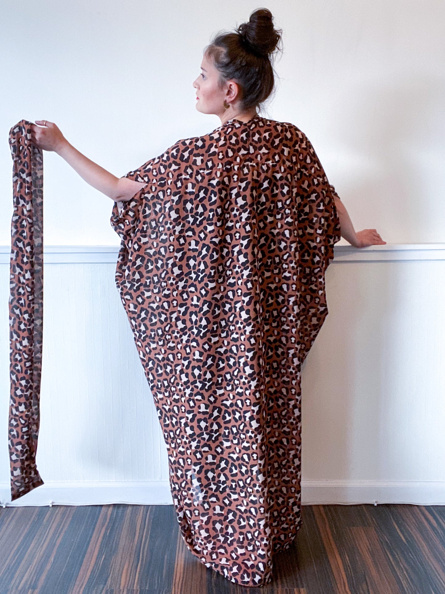 Print High Low Kimono Leopard Crinkle Double Chiffon