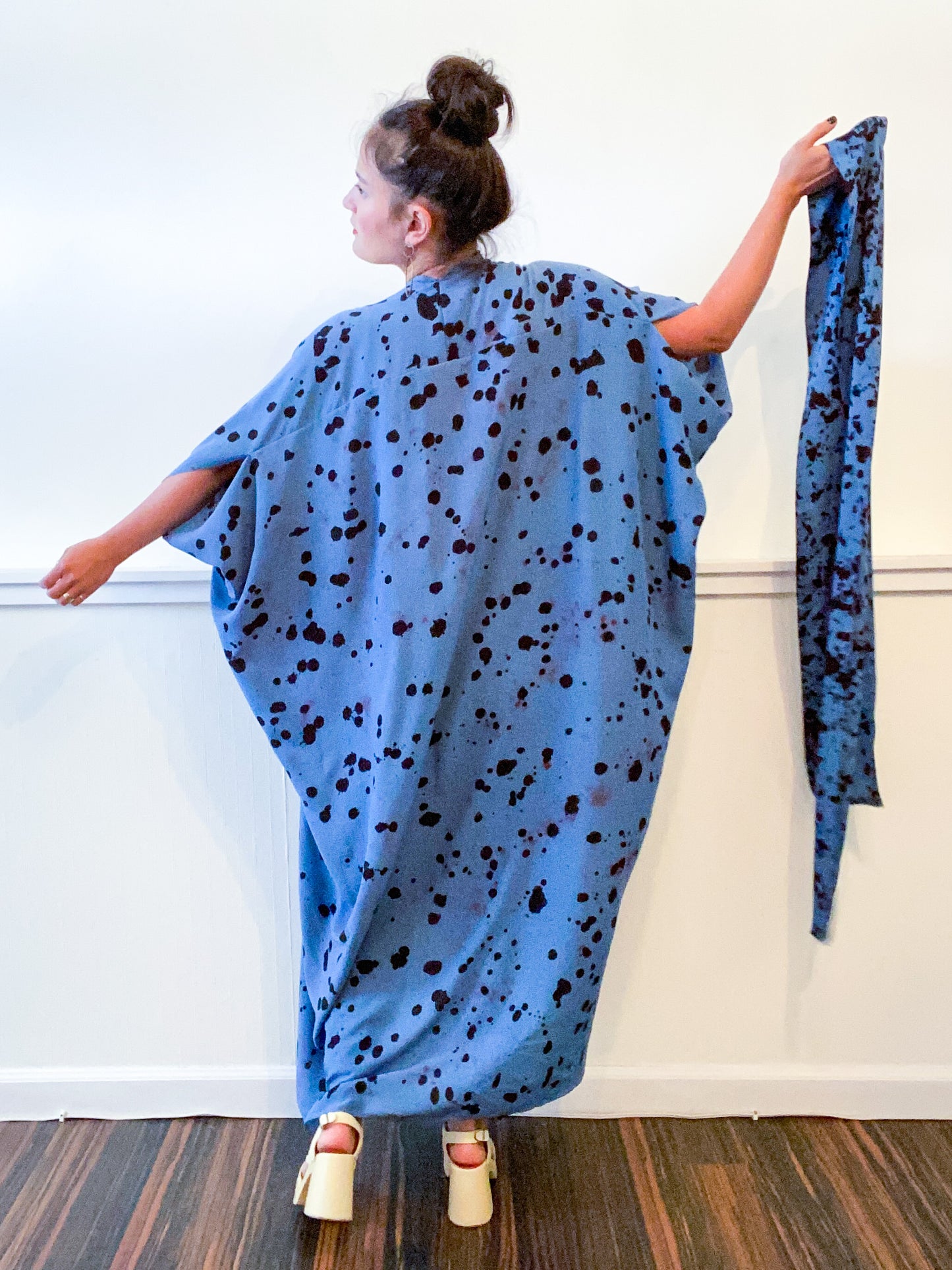 Hand-Dyed High Low Kimono Blue Black Pink Drops