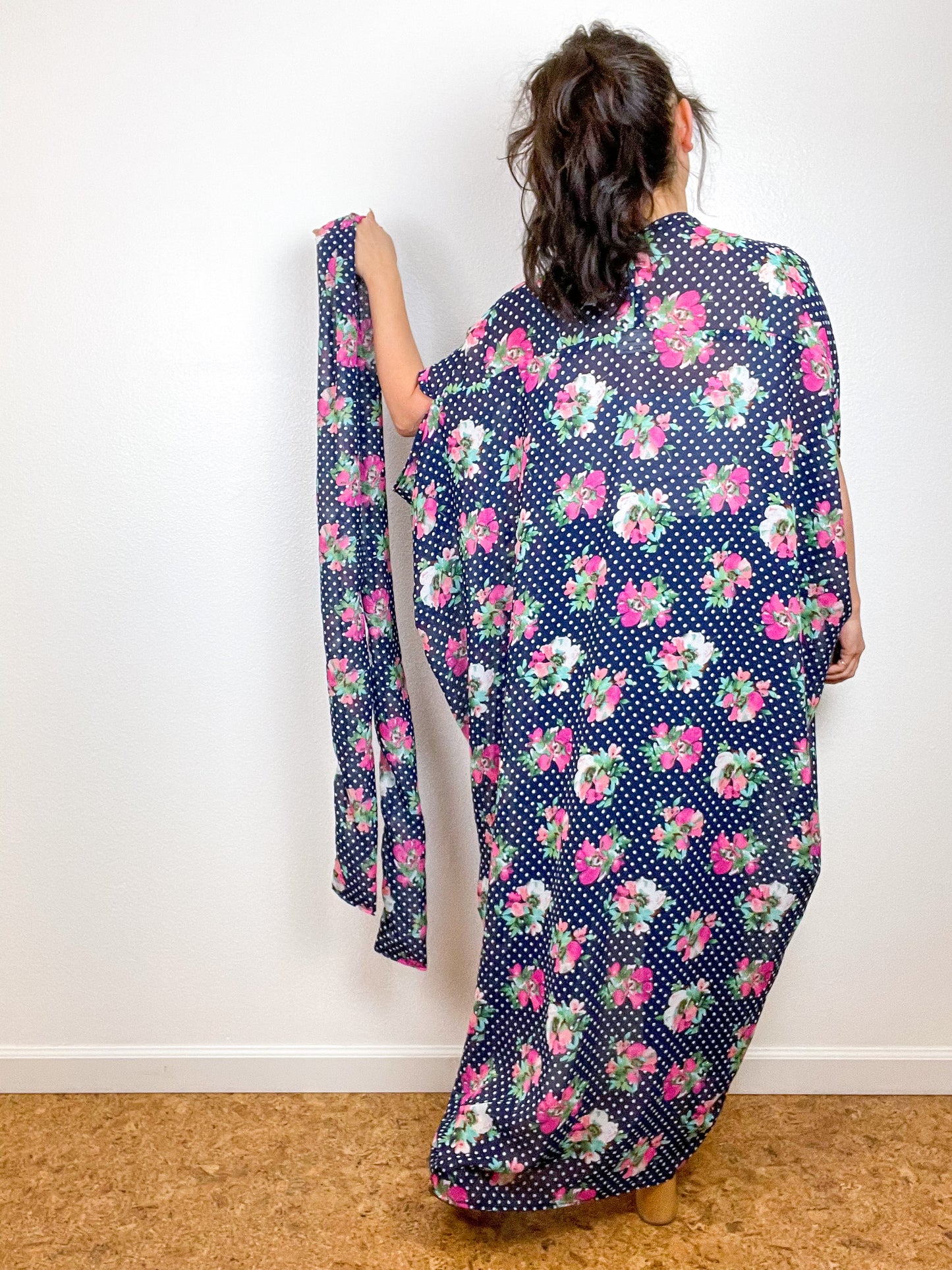 Print High Low Kimono Navy Floral Dots Chiffon