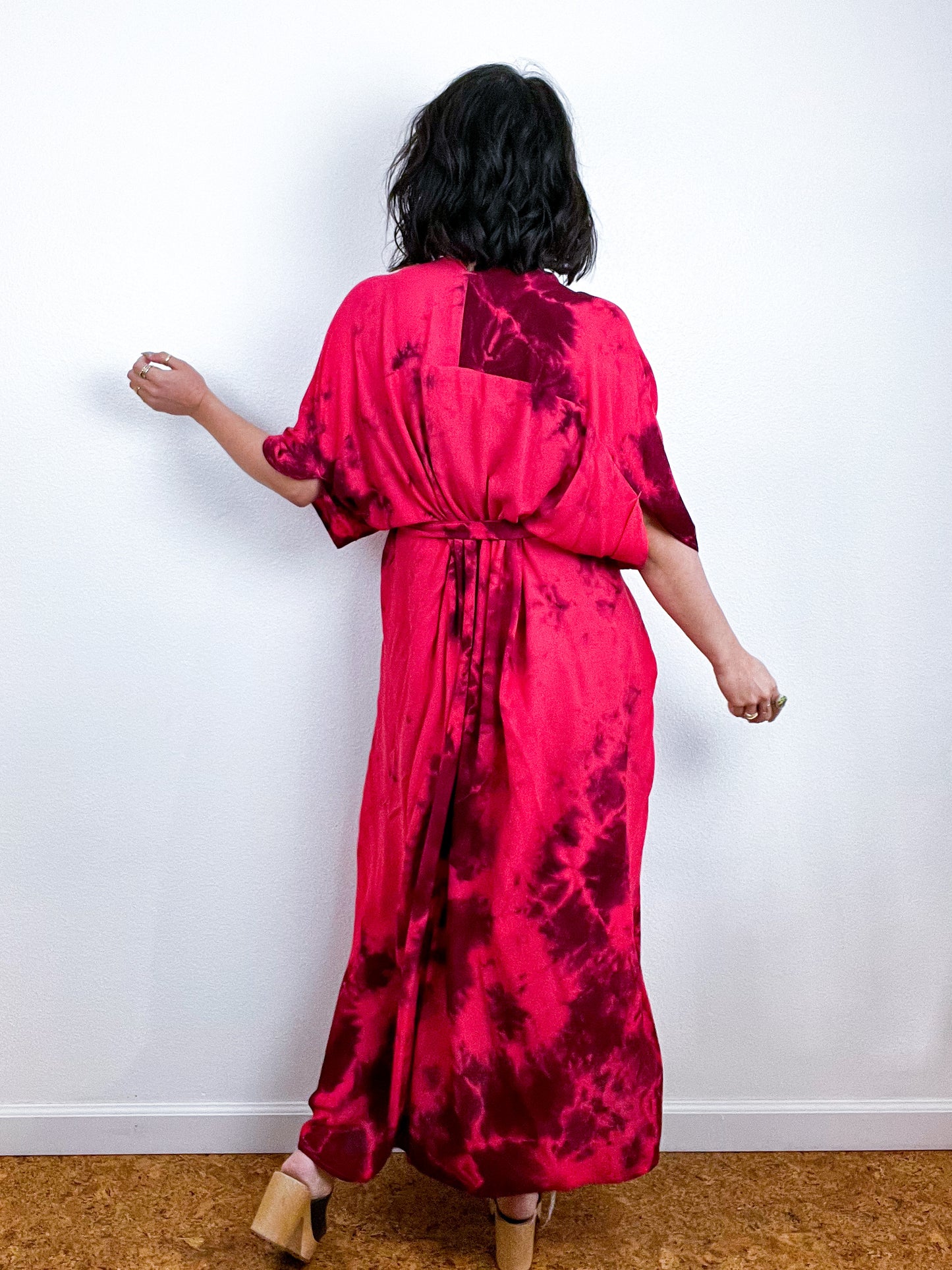 Hand-Dyed High Low Kimono Scarlet Maroon Tie