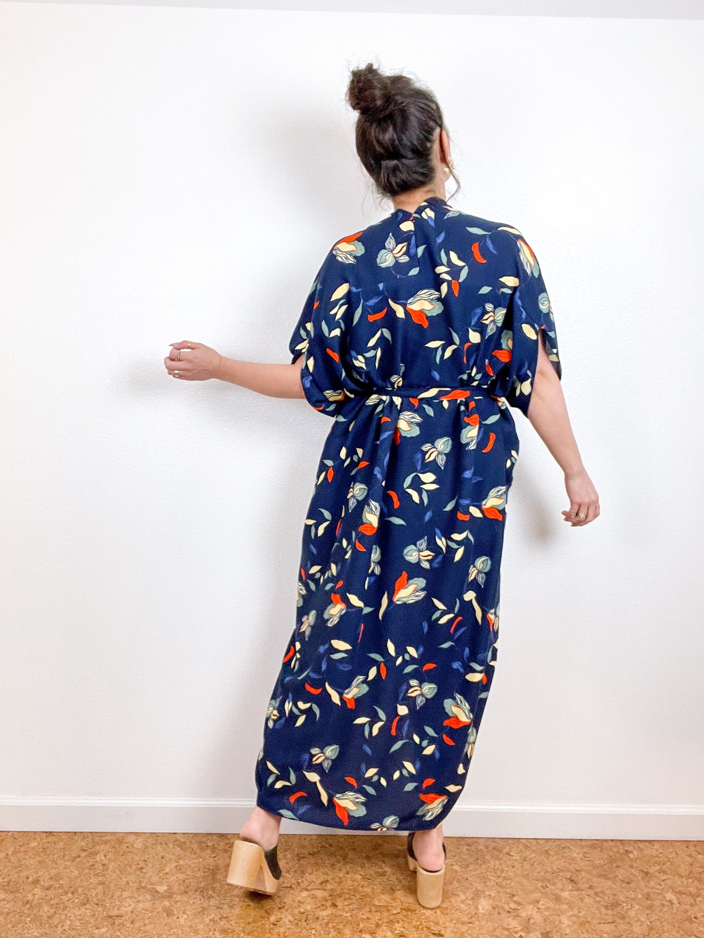 High Low Kimono Navy Orange Magnolias Rayon Challis