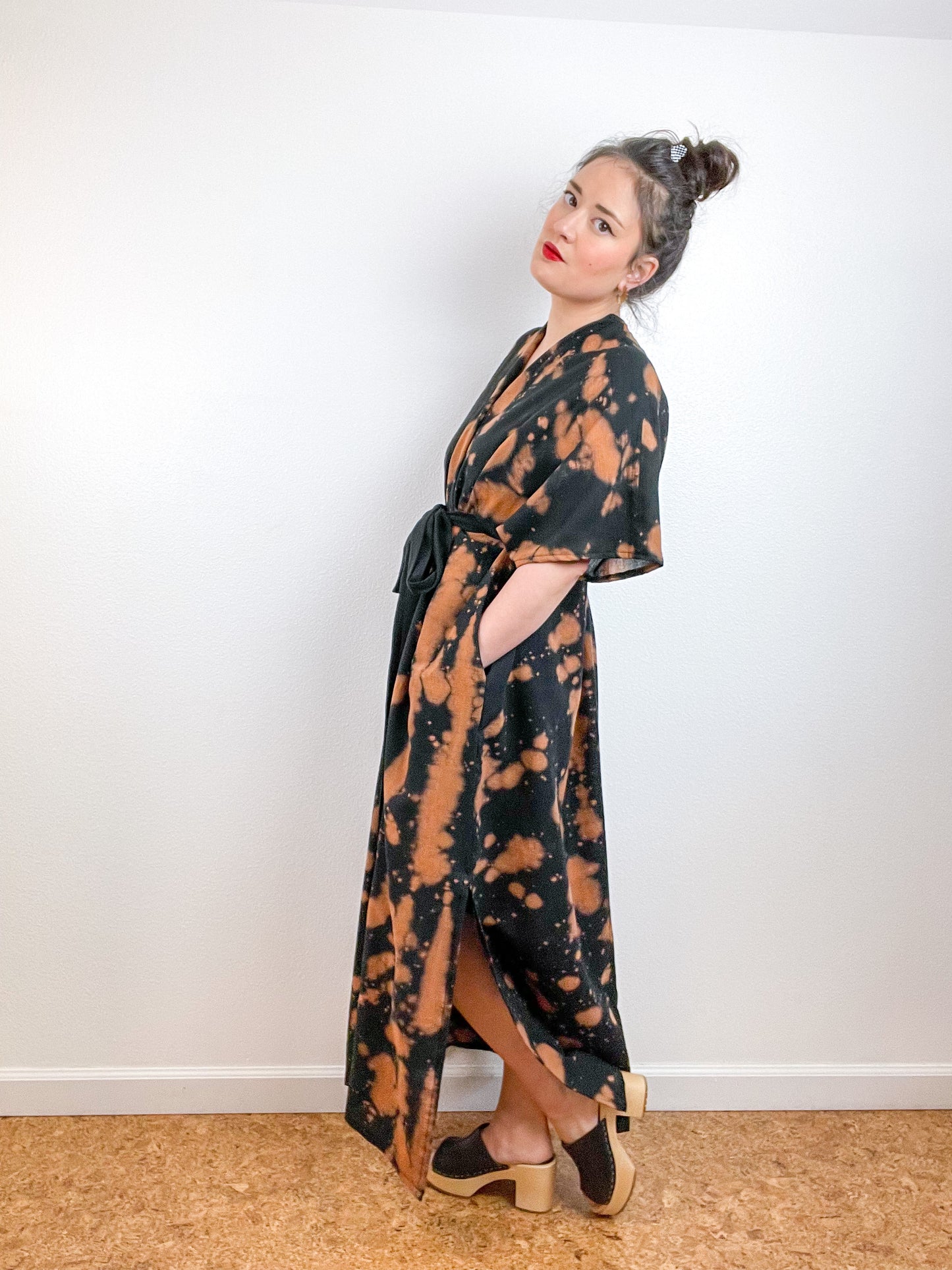 Single Gauze Duster Kimono Black Rust Speckle