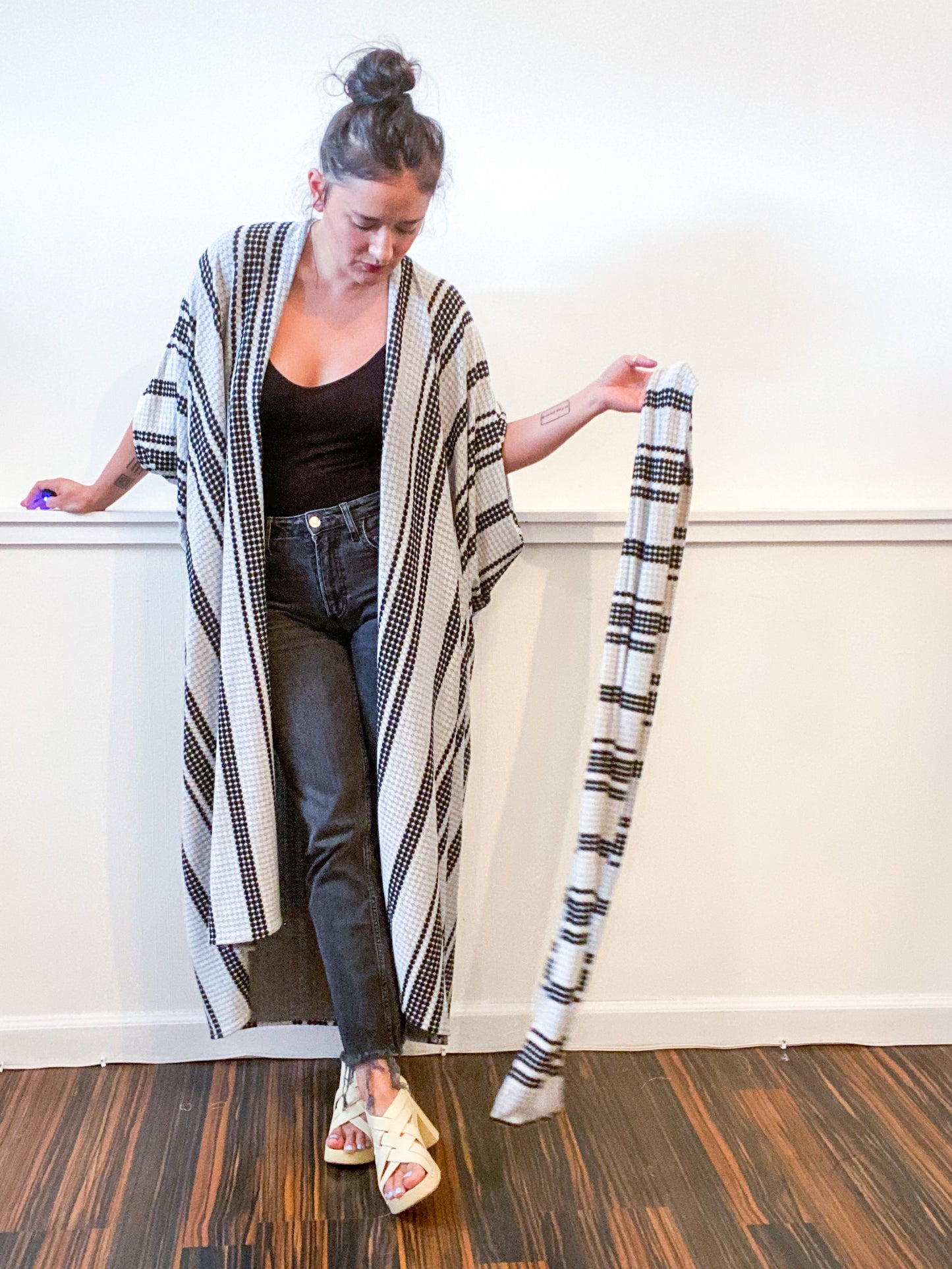 Print High Low Kimono Textured Stripe Jacquard Knit