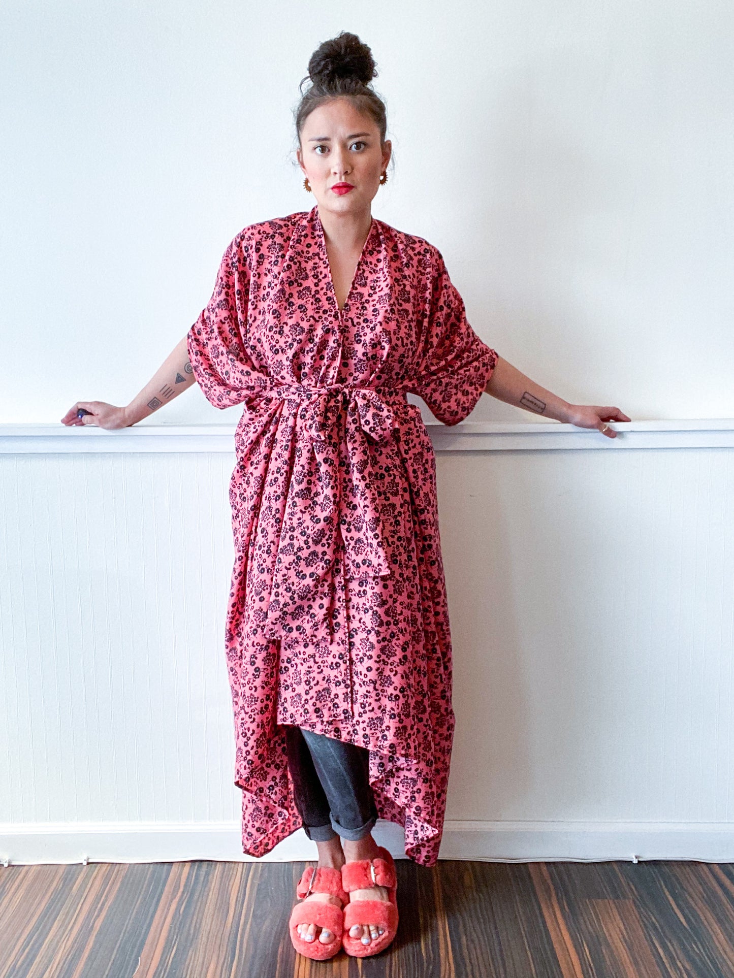Print High Low Kimono Hot Pink Black Mini Floral Crepe de Chine