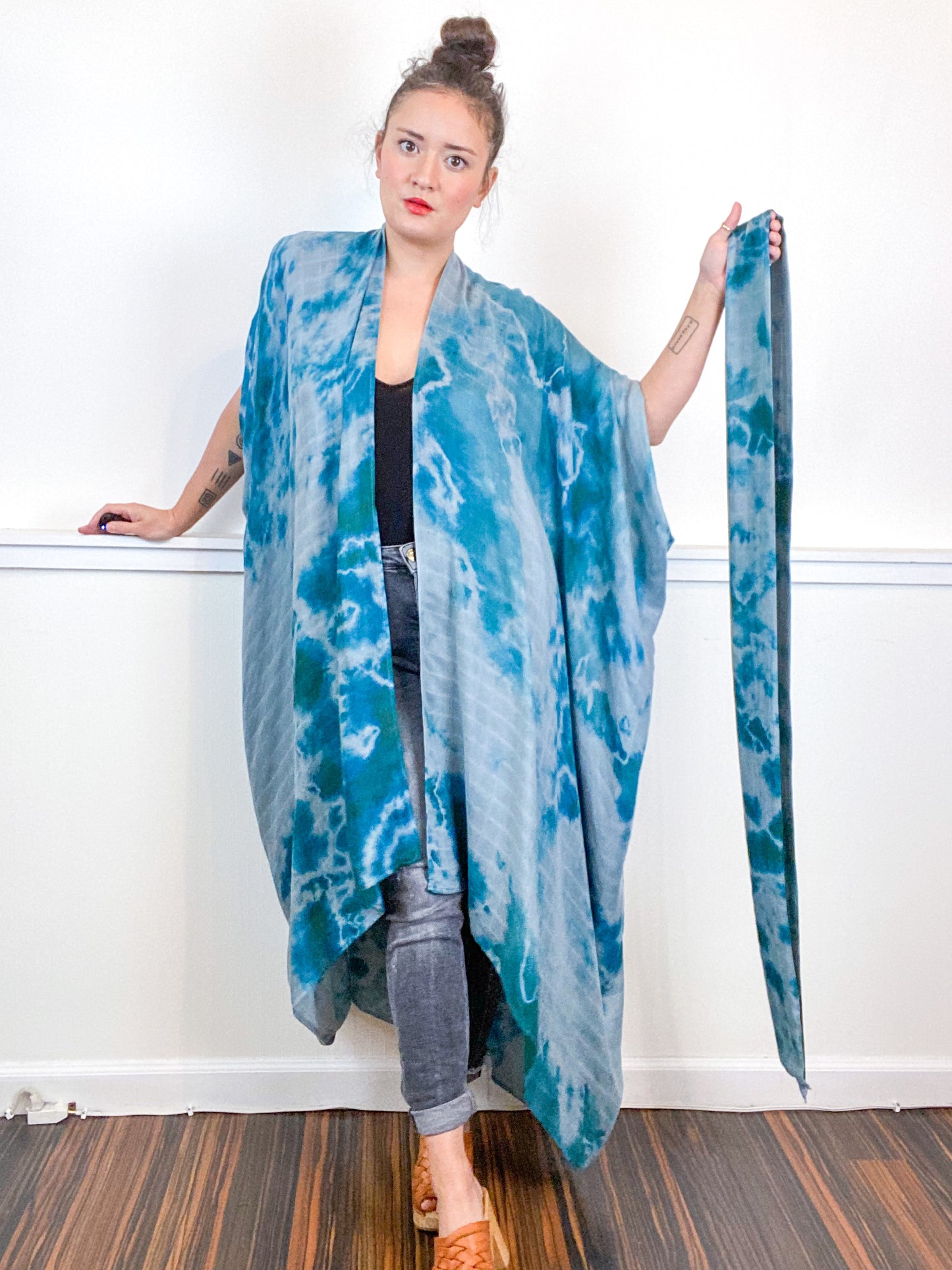 Hand-Dyed High Low Kimono Bamboo Kingfisher