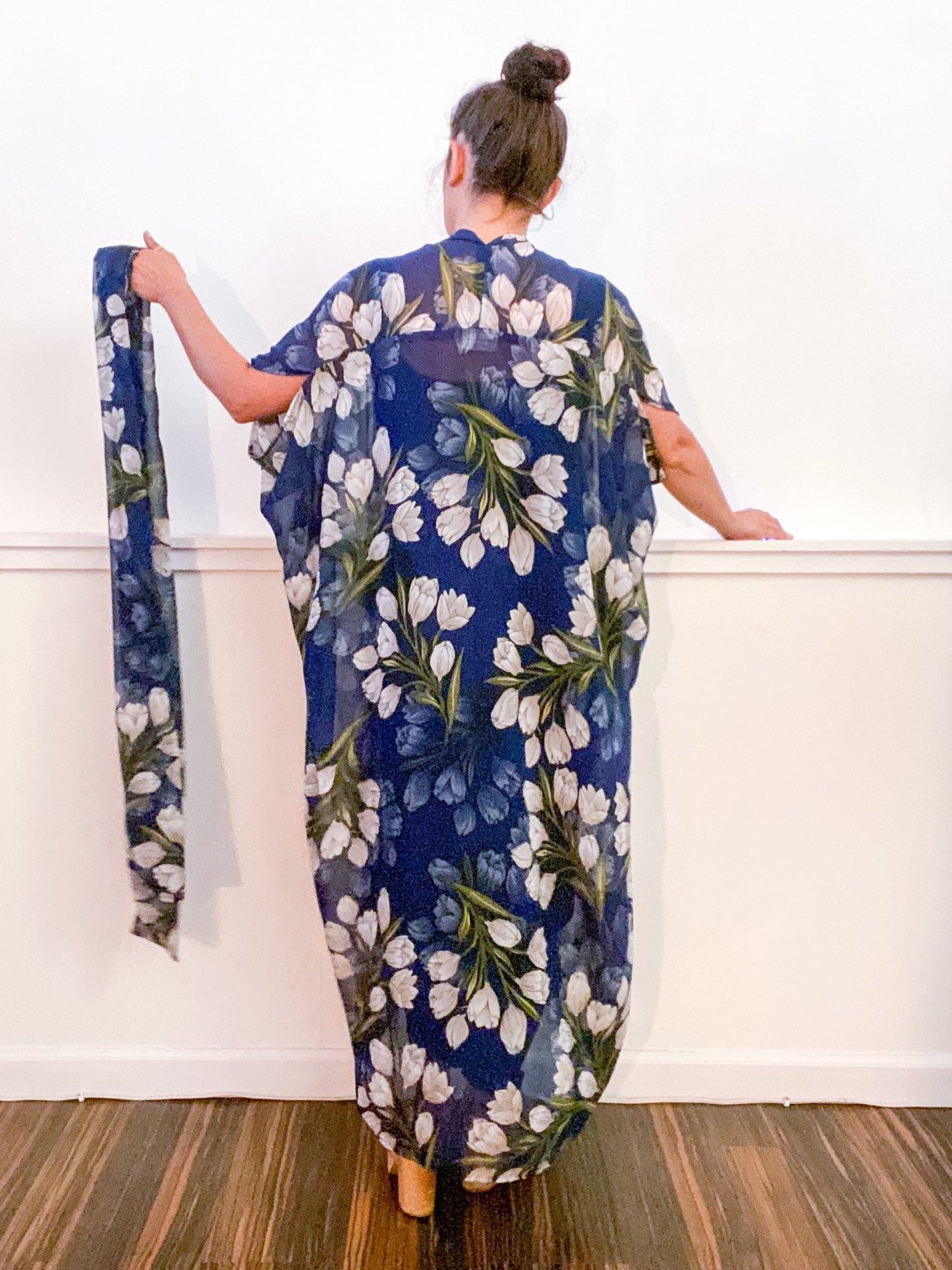 Print High Low Kimono Navy Tulips Chiffon