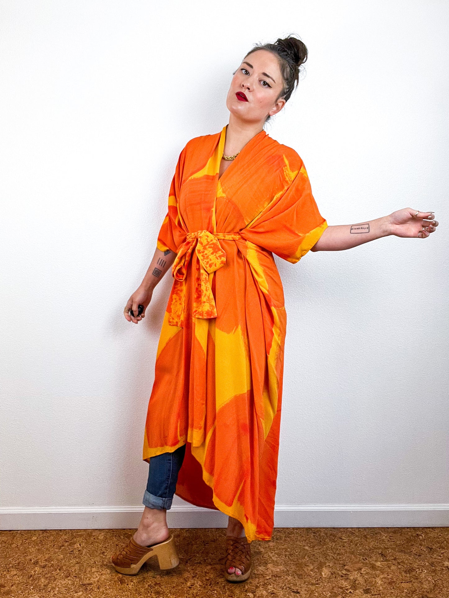 Hand-Dyed High Low Kimono Marigold Tangerine Brushstroke