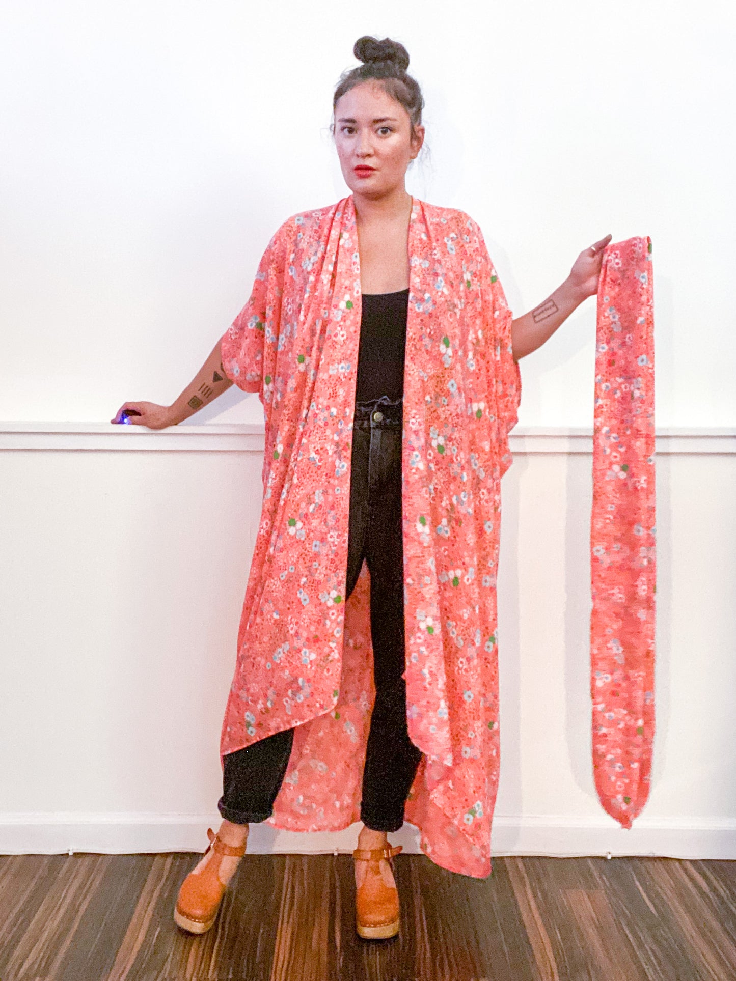 Print High Low Kimono Peach Mini Floral Georgette