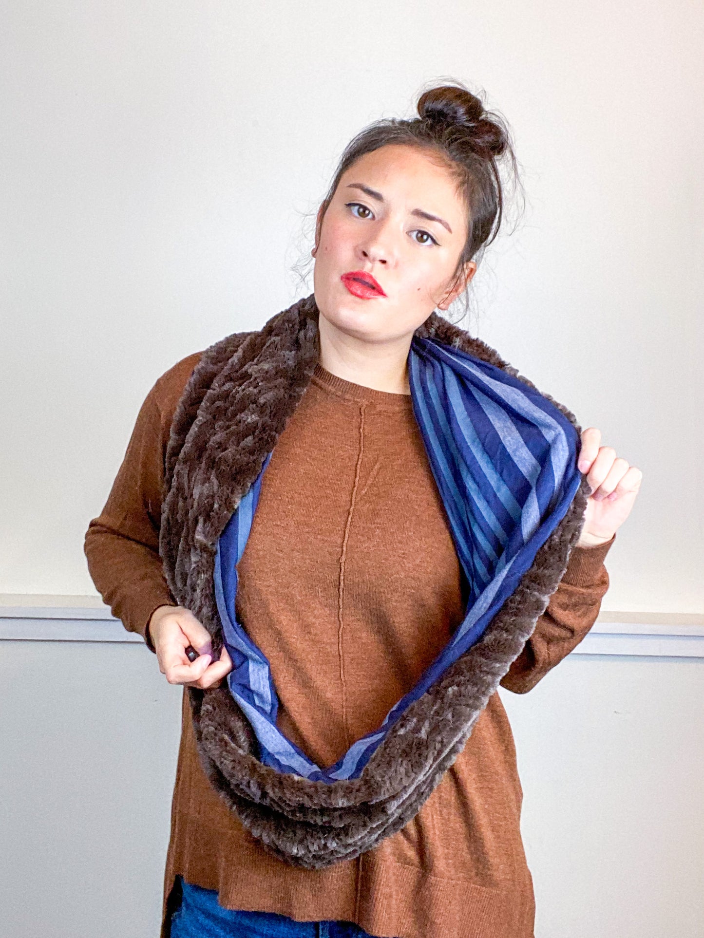 Faux Fur Circle Scarf Brown on Navy Stripes