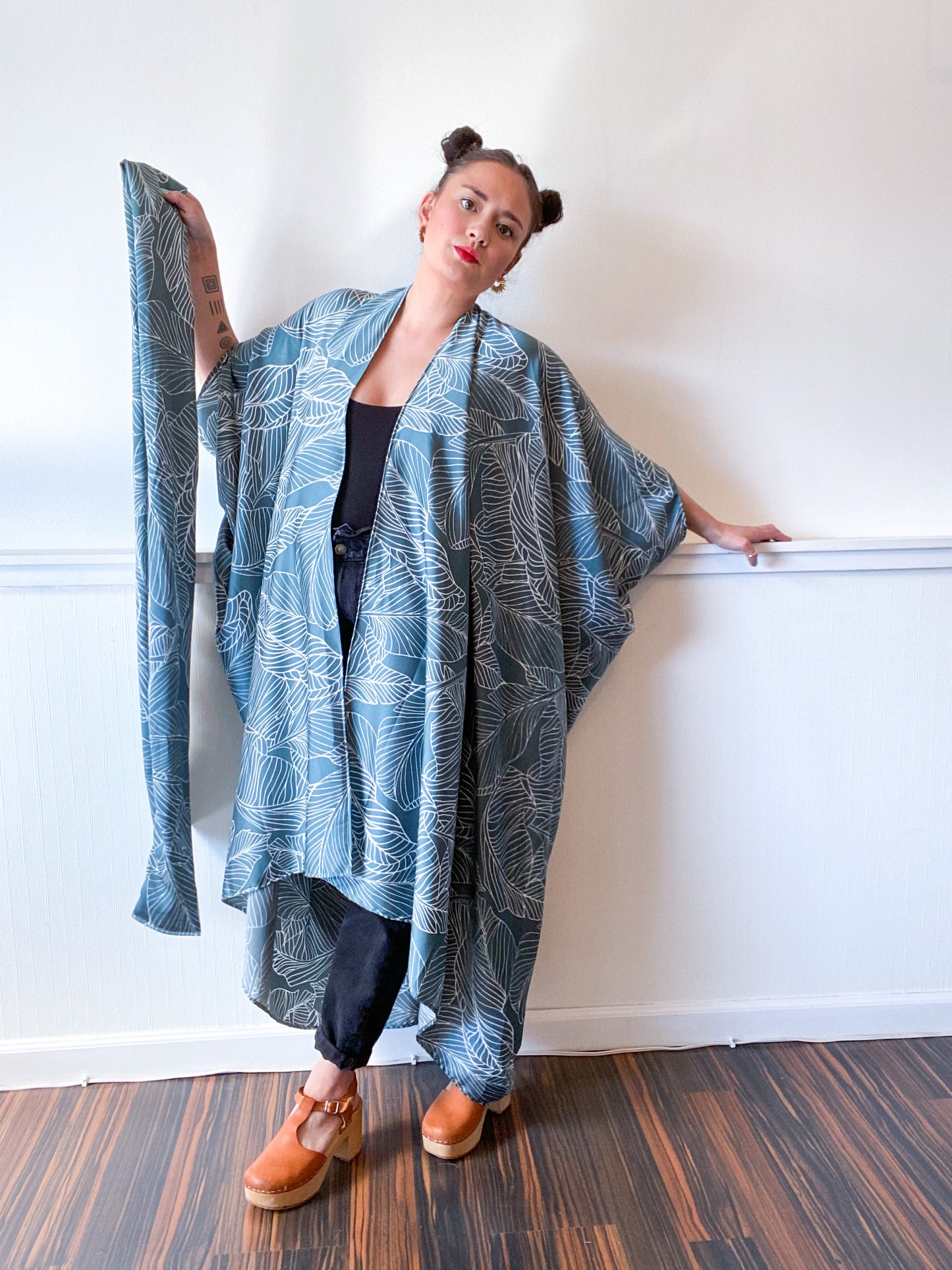 Print High Low Kimono Sage Leaf Charmeuse